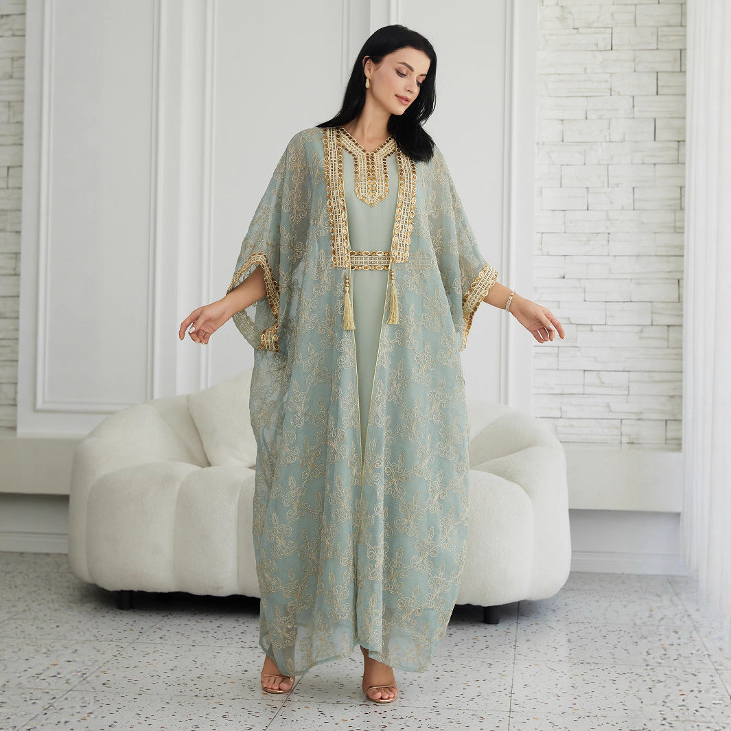 2 Piece Luxury Sheer Lace Kaftan Abaya Gold Embroidery Beaded Tassel Dubai Moroccan Modest Dress For Eid Ramadan Wedding Party