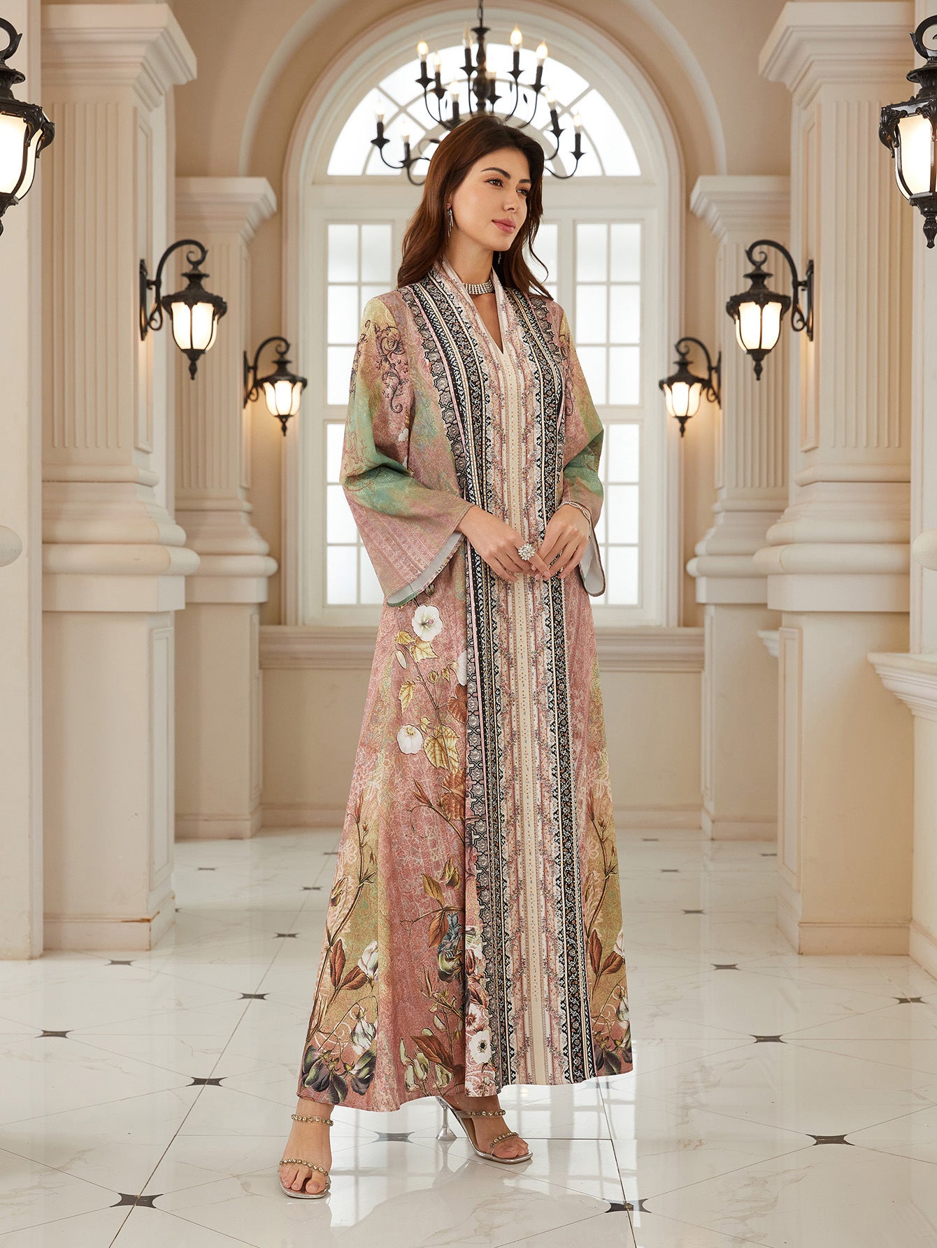 Fresh Floral Spring Kaftan – Rhinestone Modest Pullover Dress