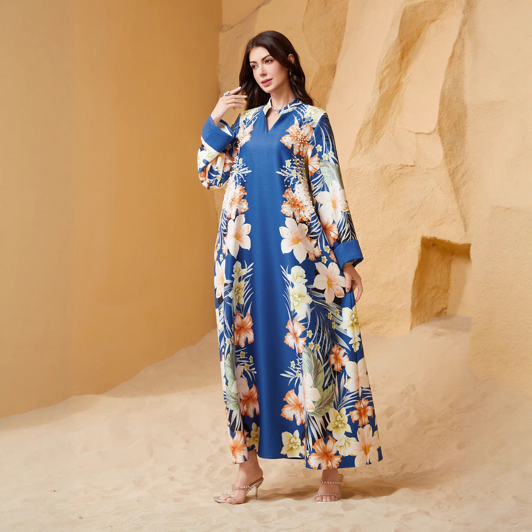 Blue Apricot Purple Printed Abaya - Plus Size European Long Robe