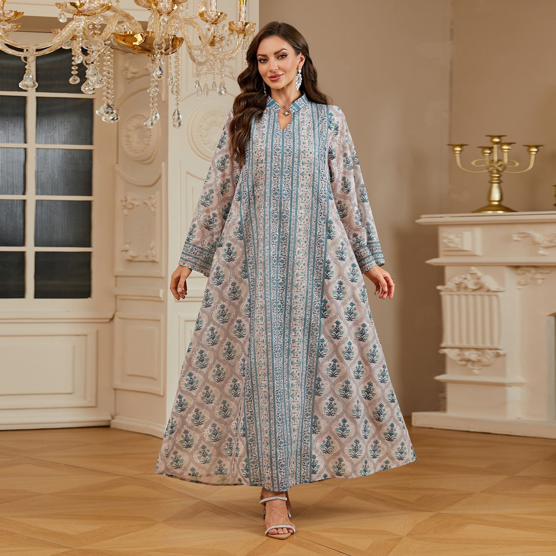 Women Stand Collar V Neck Floral Striped Abaya 3 Colors Vintage Botanical Print Loose Wide Sleeve Maxi Kaftan Lightweight Daily Modest Dress For Ramadan Casual Party