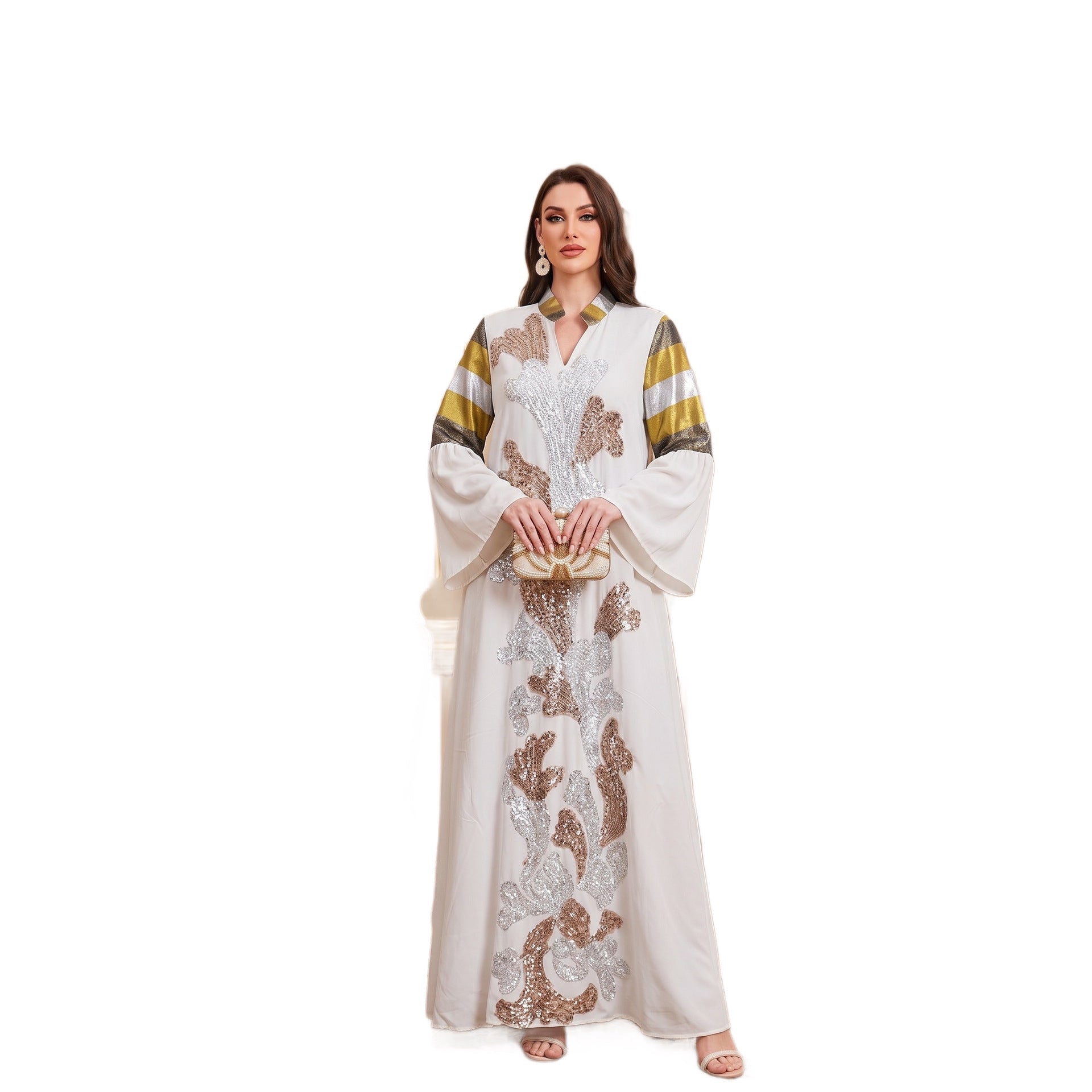 Black White V-Neck Embroidered Ethnic Rhinestone Modest Maxi Abaya