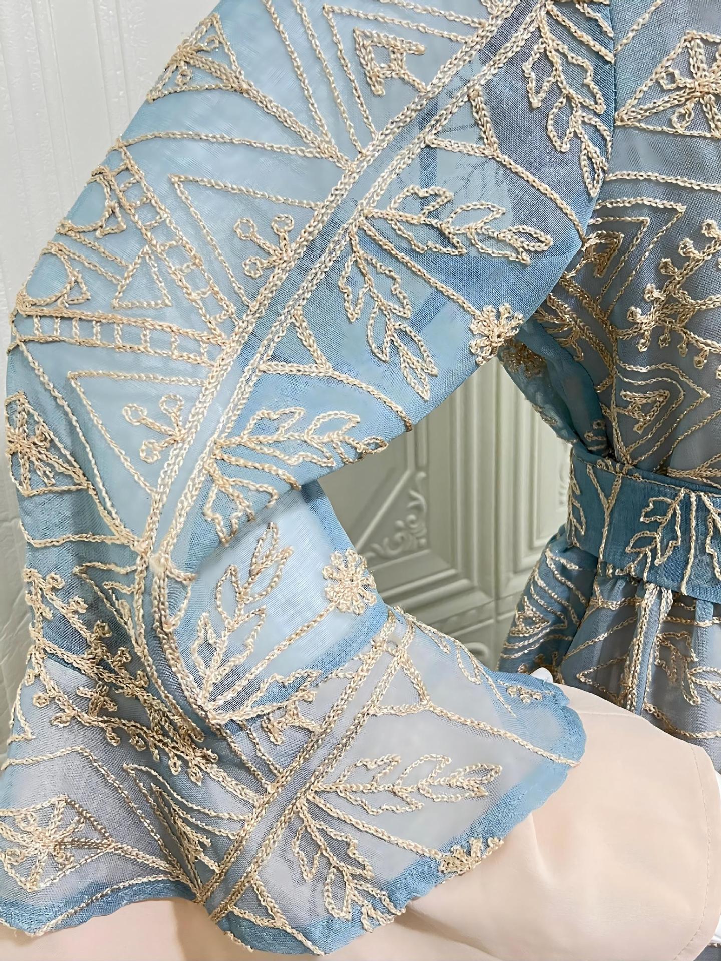 Arabian Pastel Boutique Designer Modest Layered Attire Soft Muted Sky Lightweight Transparent Mesh All Over Vintage Leaf Daisy Thread Motif Mini Stand Neck Self-Tie Waist Belt Double Flared Bell Cuff Sleeves Semi-Sheer Open Front Full Length Outer Ro