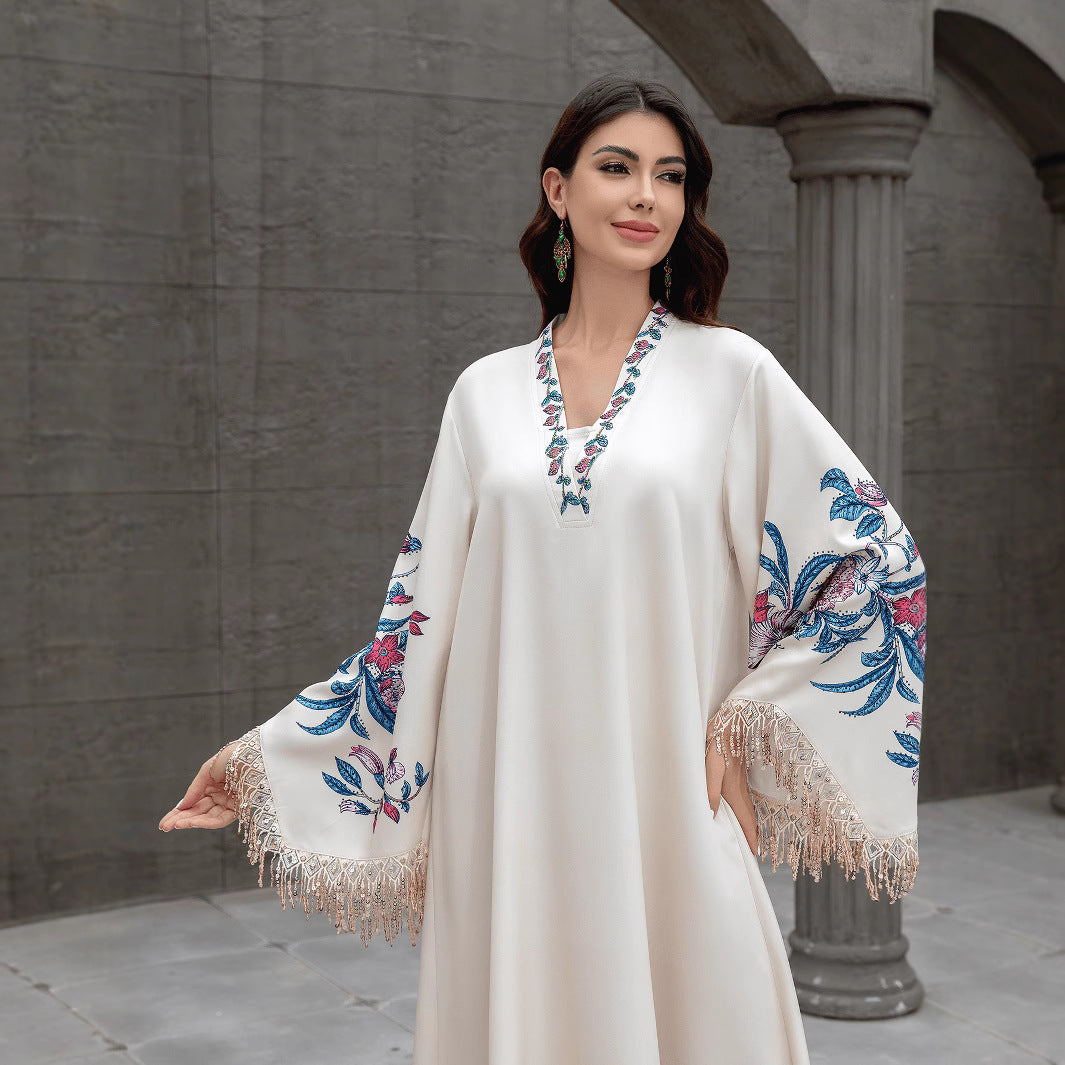 Exquisite Apricot Embroidered Kaftan – V-Neck Muslim Maxi