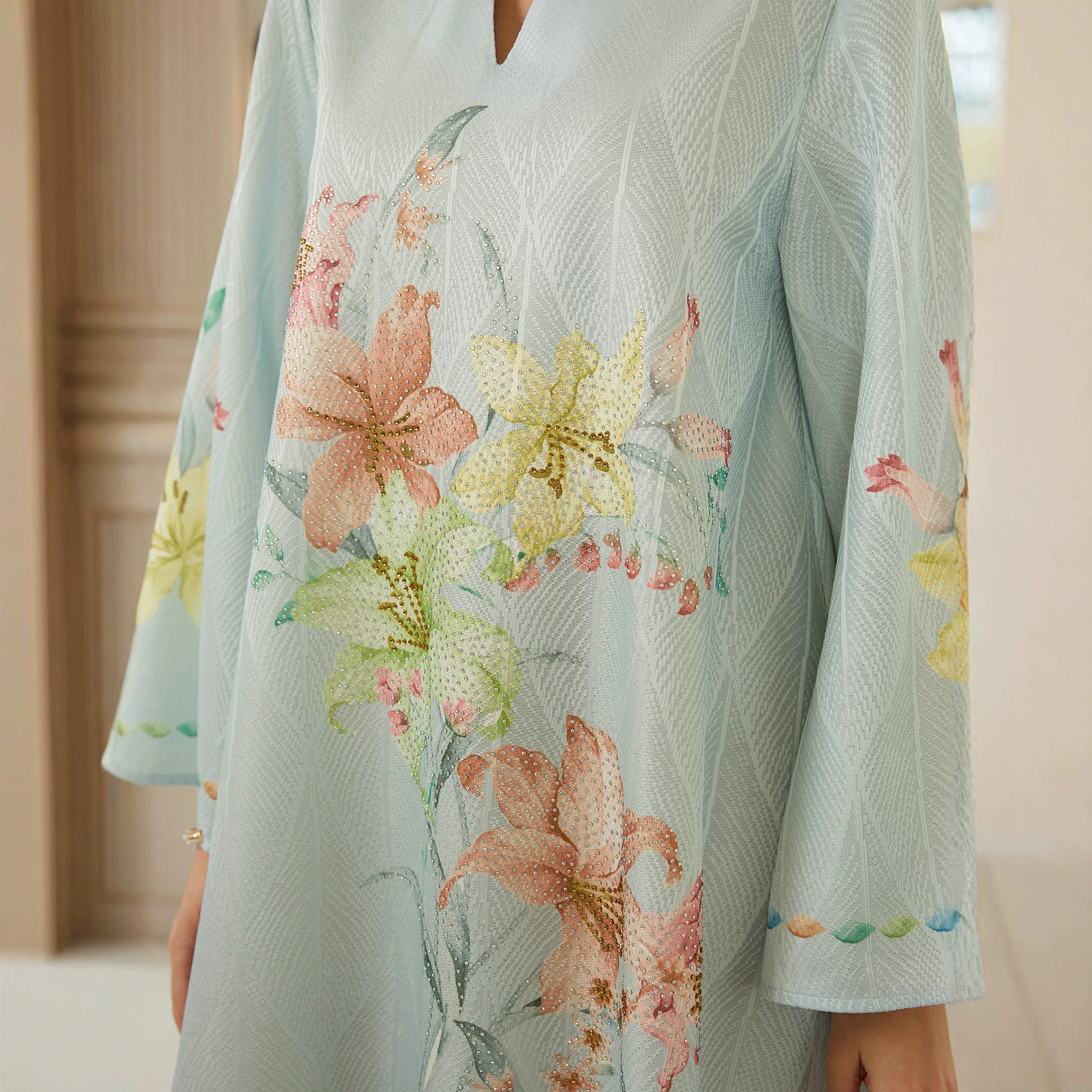 Mint Green Lily Floral Premium Pan-Arab Mandarin Stand Collar Small V Notch Open Front Modest Maxi Tunic Subtle Leaf Jacquard Matte Satin Single Layer Textile All Over Watercolor Large Lily Blossom Hand Embroidery Full Length Front Floral Stitch Wide