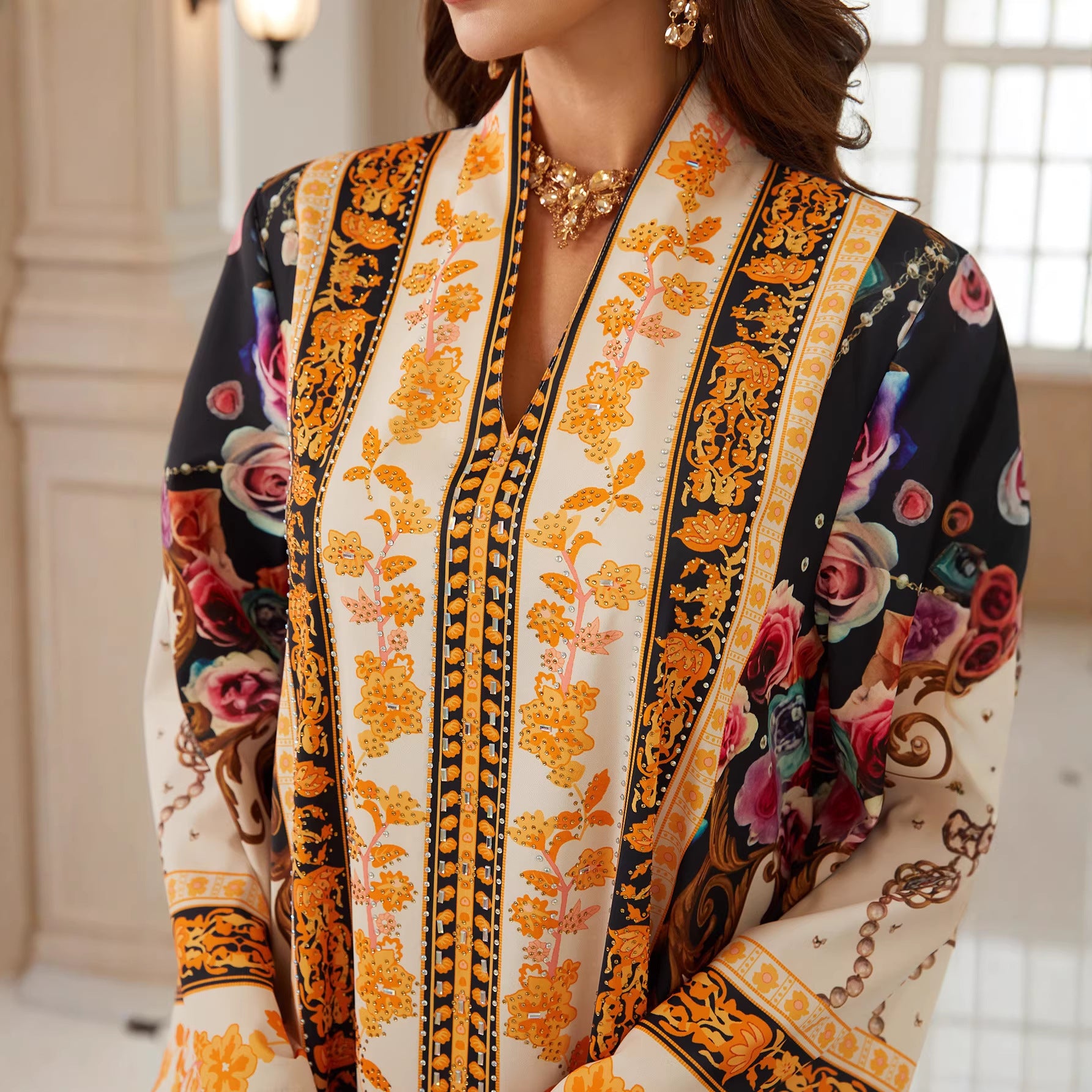 Captivating Floral Maxi Robe – Rhinestone Modest Abaya