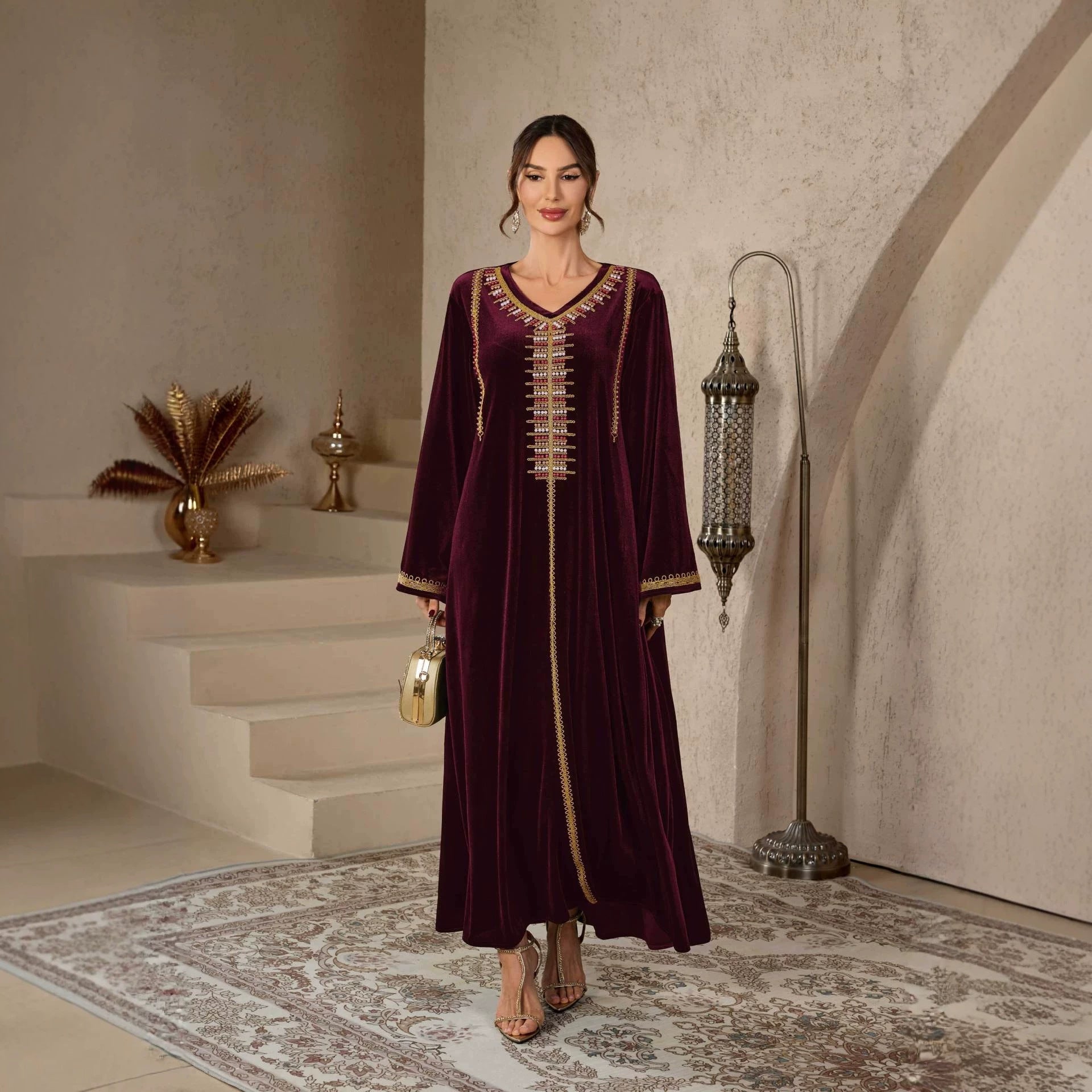 V-Neck Floral Embroidered Kaftan Dress Jalabiya Modest Long Maxi Dress for Muslim Women Eid Ramadan Formal Party S-XXL