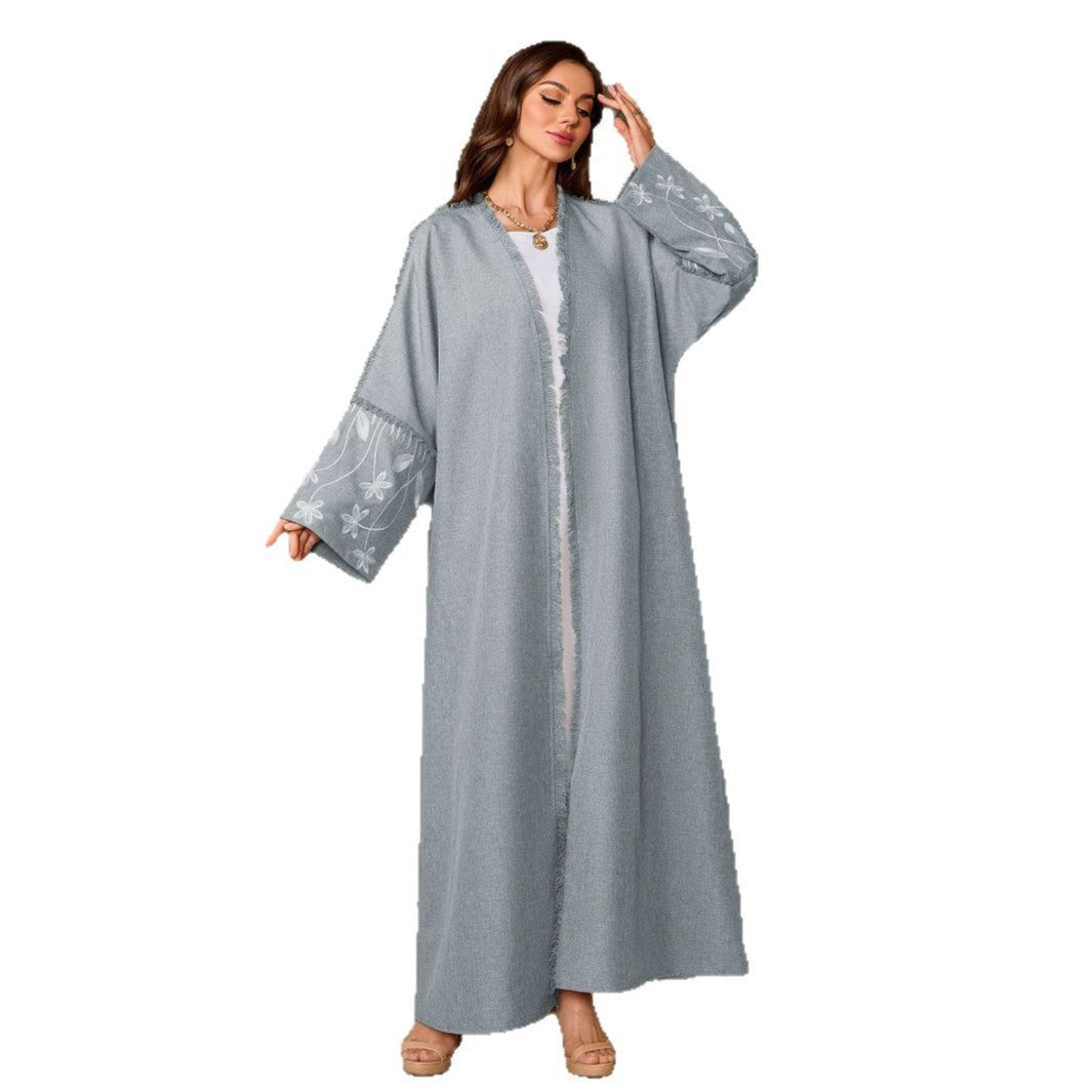 Floral Embroidered Elegant Open Front Abaya Cardigan Modest Long Maxi Dress Gown for Muslim Women Eid Ramadan Banquet M-L
