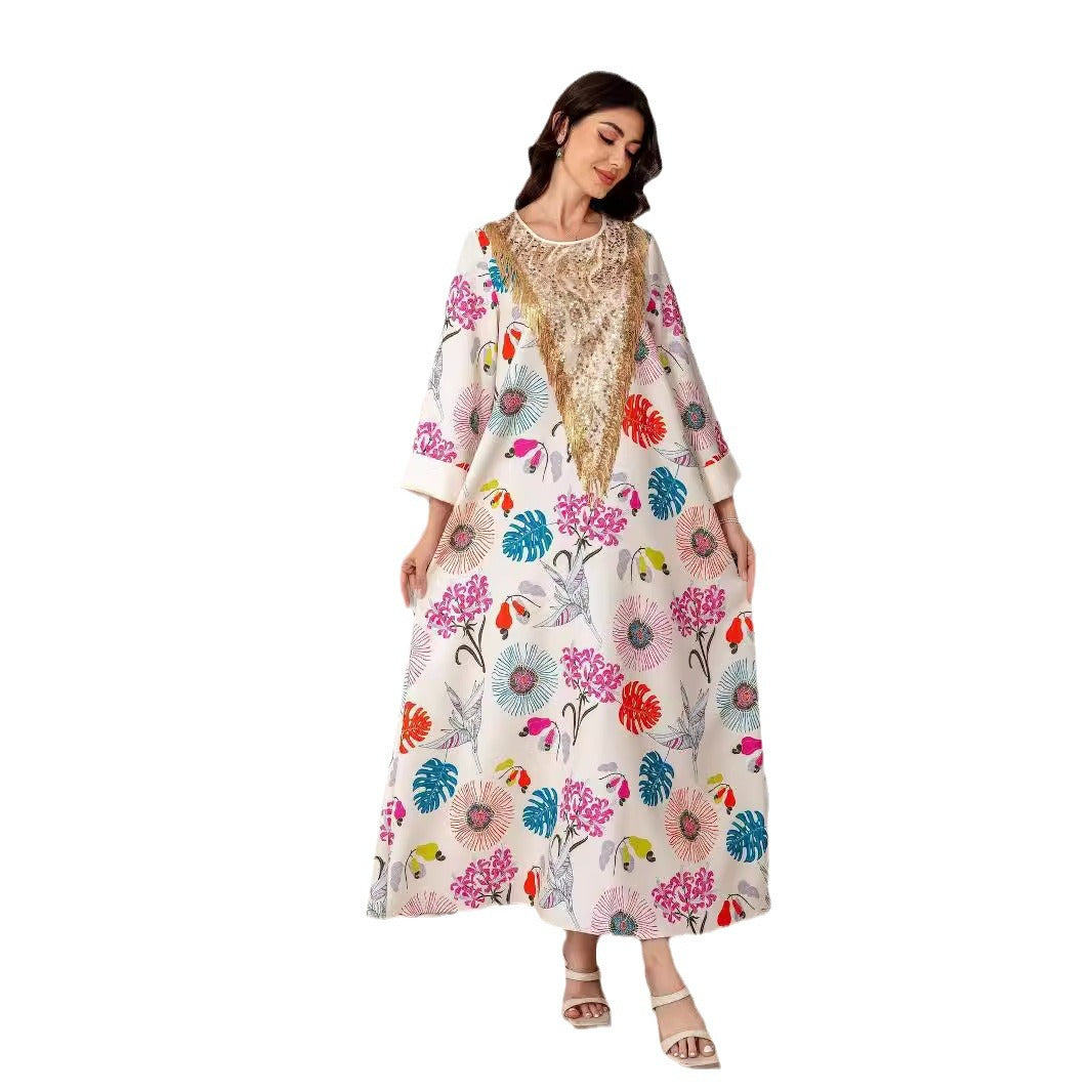 Ivory Floral Print V-Neck Maxi Abaya - Modest Long Dress for Women