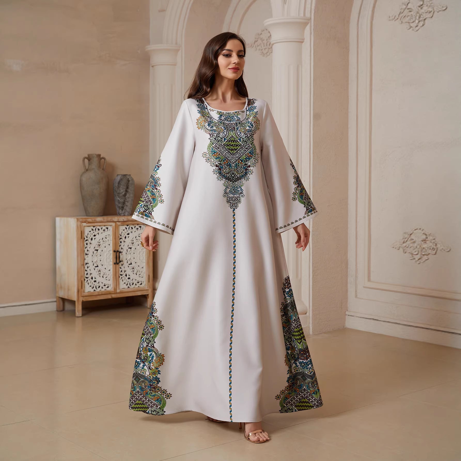 White Satin Muslim Abaya Long Sleeve Ethnic Paisley Print Maxi Dress Modest Islamic Kaftan Gown Free Worldwide Shipping
