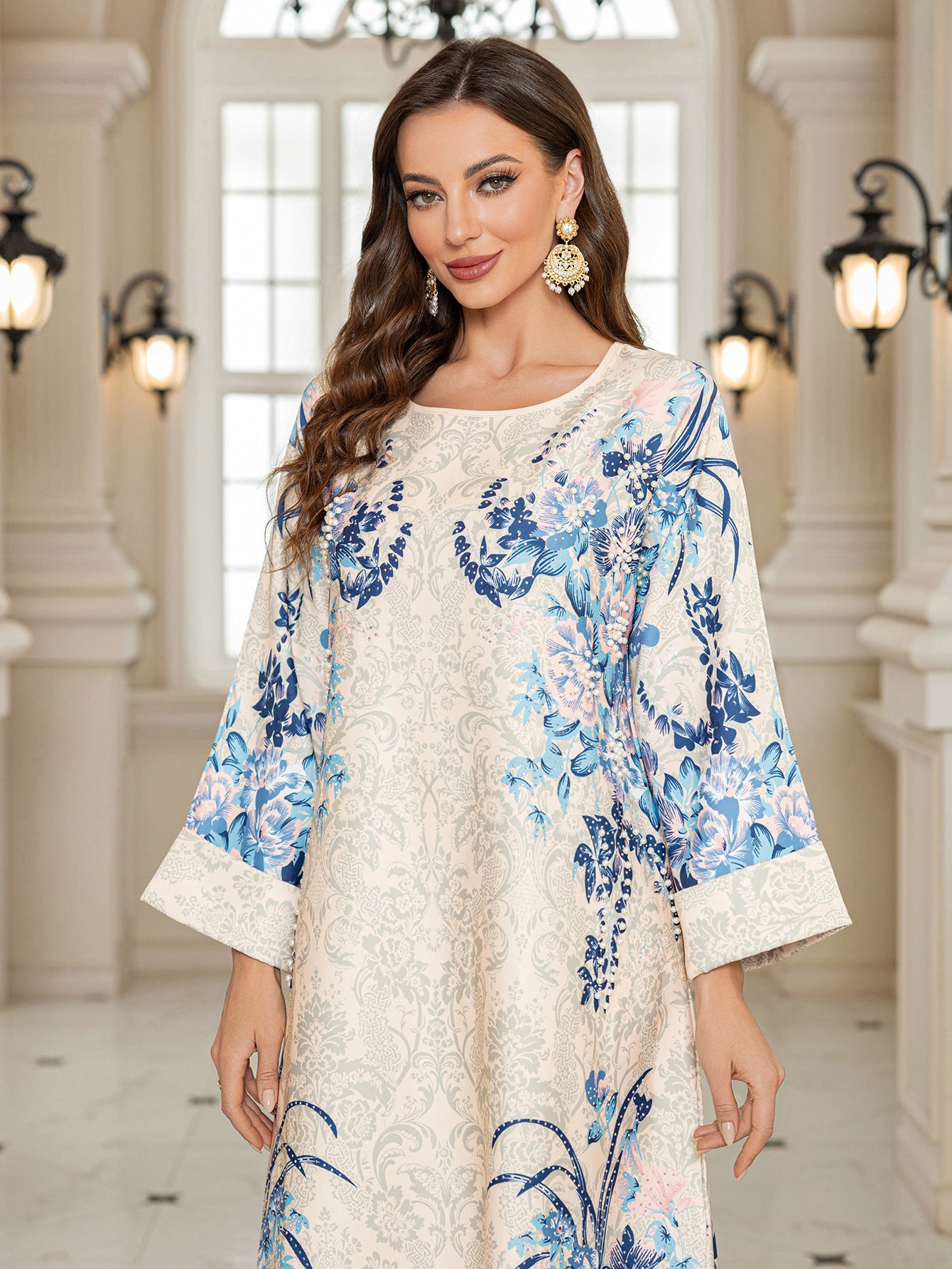 Pink Printed Long Abaya Dress - Fashion Modest Maxi Robe