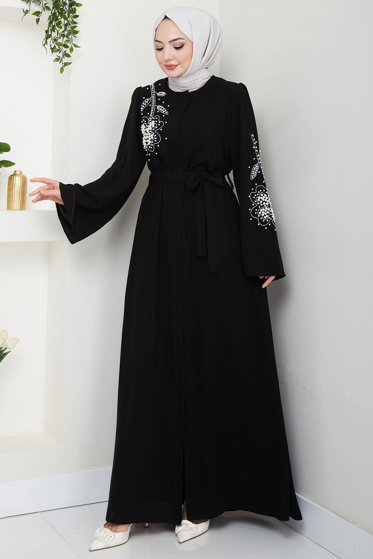 Black Zippered Embroidered Open Outerwear Maxi Abaya Dress Jalabiya Modest Long Dress for Eid Ramadan Evening Party Gown S-XXL