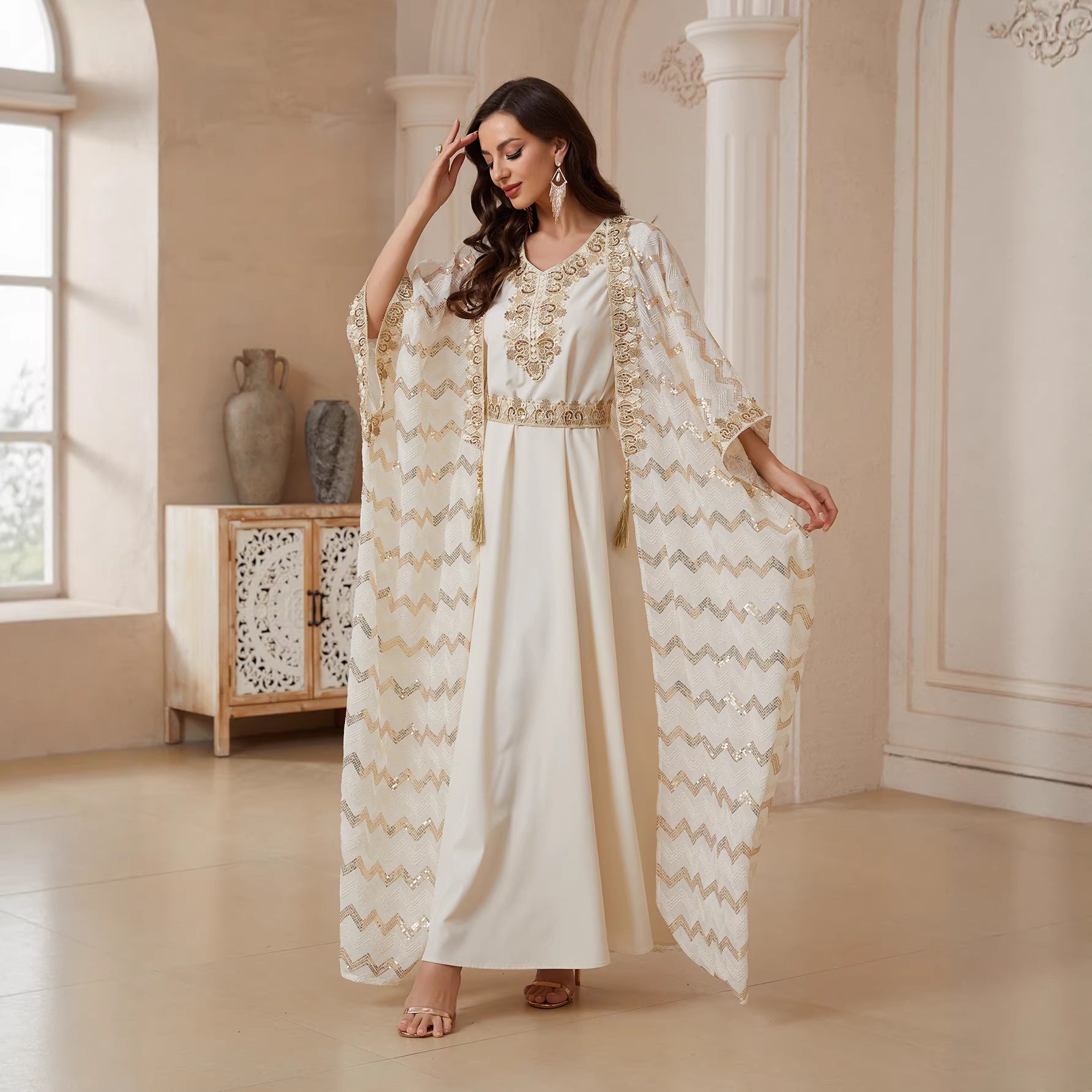 Cream & Lavender Two Piece Abaya Set Handcrafted Gold Embroidery Moroccan Evening Kaftan