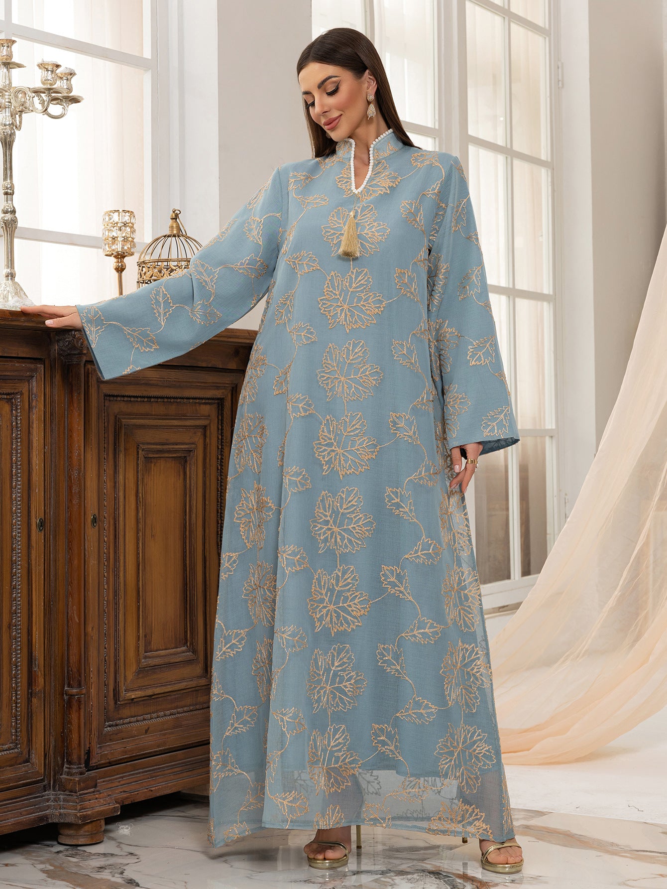 Fringed Leaf Embroidered Mesh Kaftan Dress Jalabiya Modest Long Maxi Dress for Muslim Women Eid Ramadan Daily Wear S-XXL