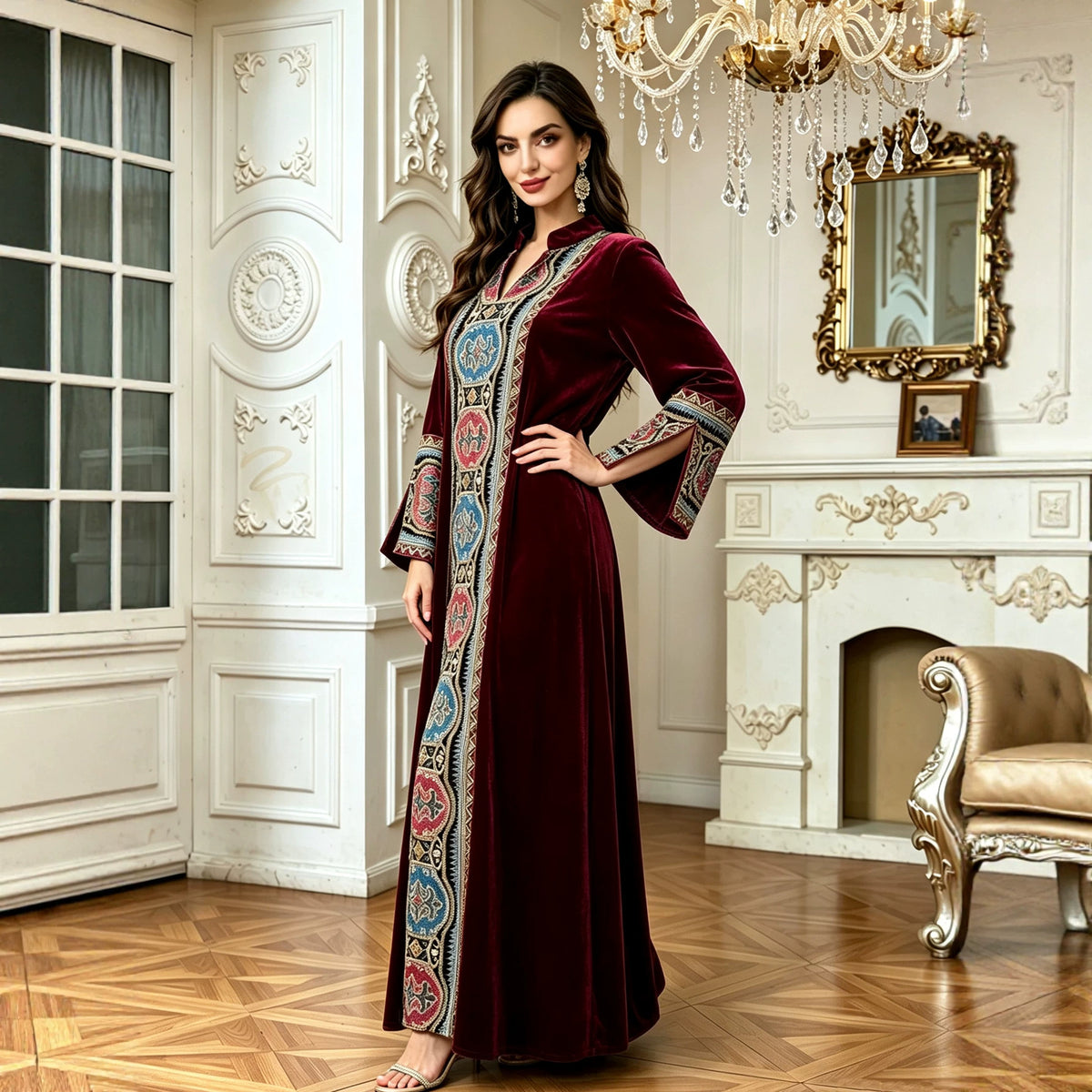 Wine Red Dark Green Black Velvet Embroidered Stand Collar Long Sleeve Gown Maxi Dress Modest Muslim Banquet