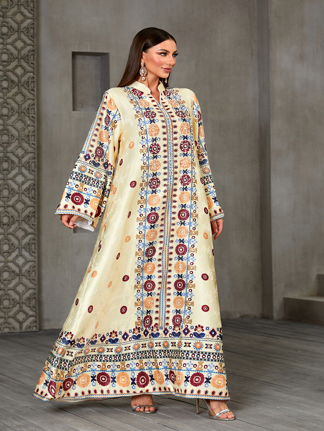 Handcrafted Beaded Jacquard Patterned Gown Jalabiya Modest Long Maxi Dress for Muslim Women Eid Ramadan Party S-XXL