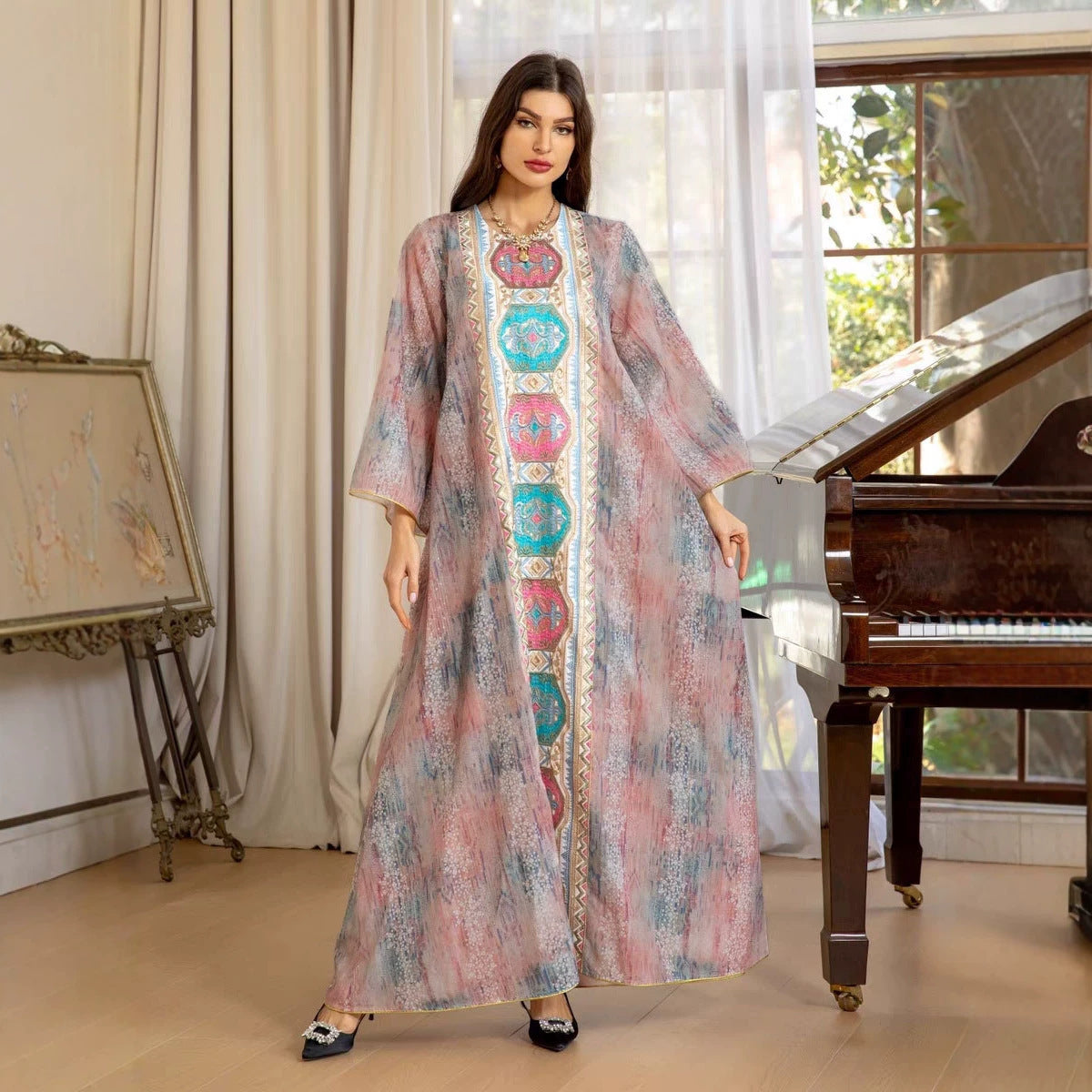 Pink Sequin Embroidered Gown Cover-up Long Maxi Dress Modest Muslim Jalabiya Robe for Women Eid Ramadan