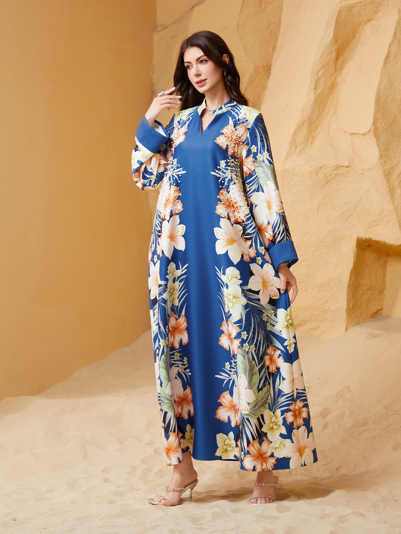 Blue Apricot Purple Printed Abaya - Plus Size European Long Robe