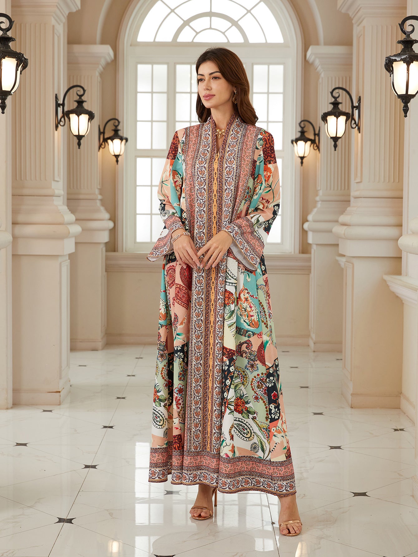 Boho Floral Jalabiya – Loose V-Neck Modest Maxi Dress
