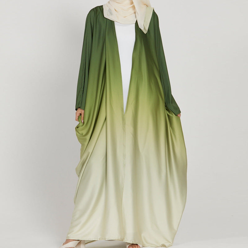 Khaki Light Purple and Light Green Tie-Dye Gradient Open Cardigan Maxi Dress - Free Size