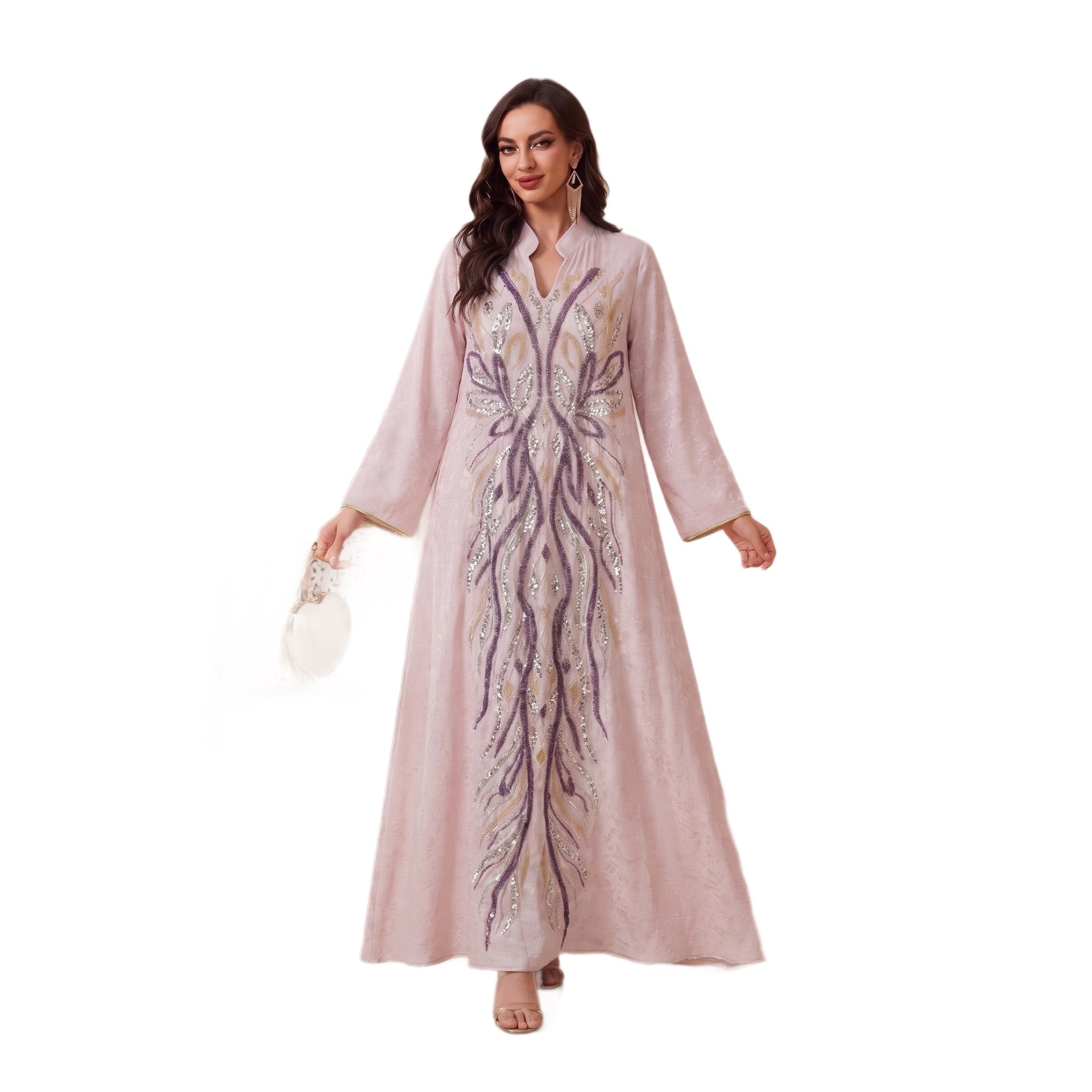 Multi-Color V-Neck Beaded Embroidered Jacquard Maxi Abaya Dress