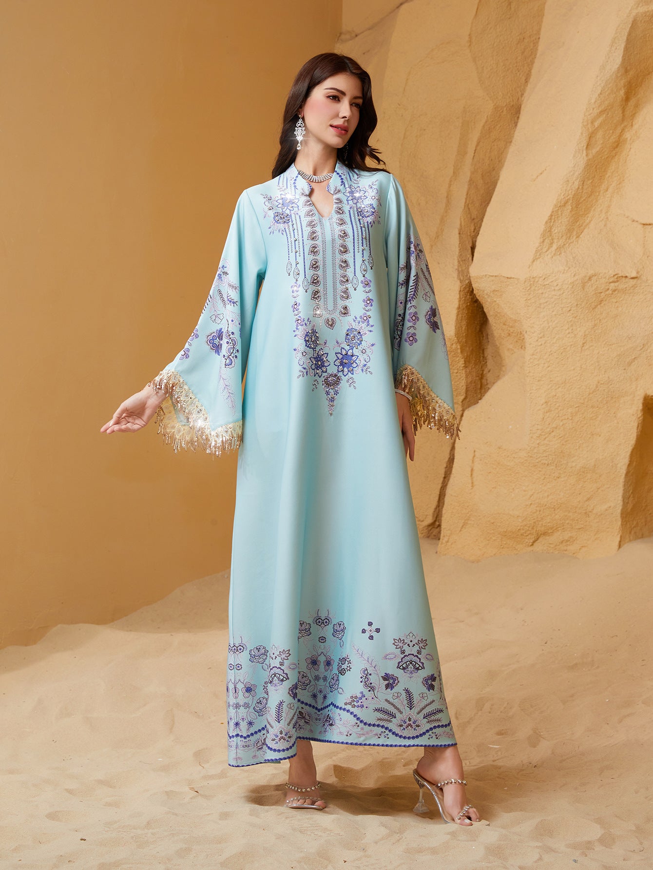 Serene Sky Blue Tassel Embroidered Maxi Abaya Modest Eid Ramadan