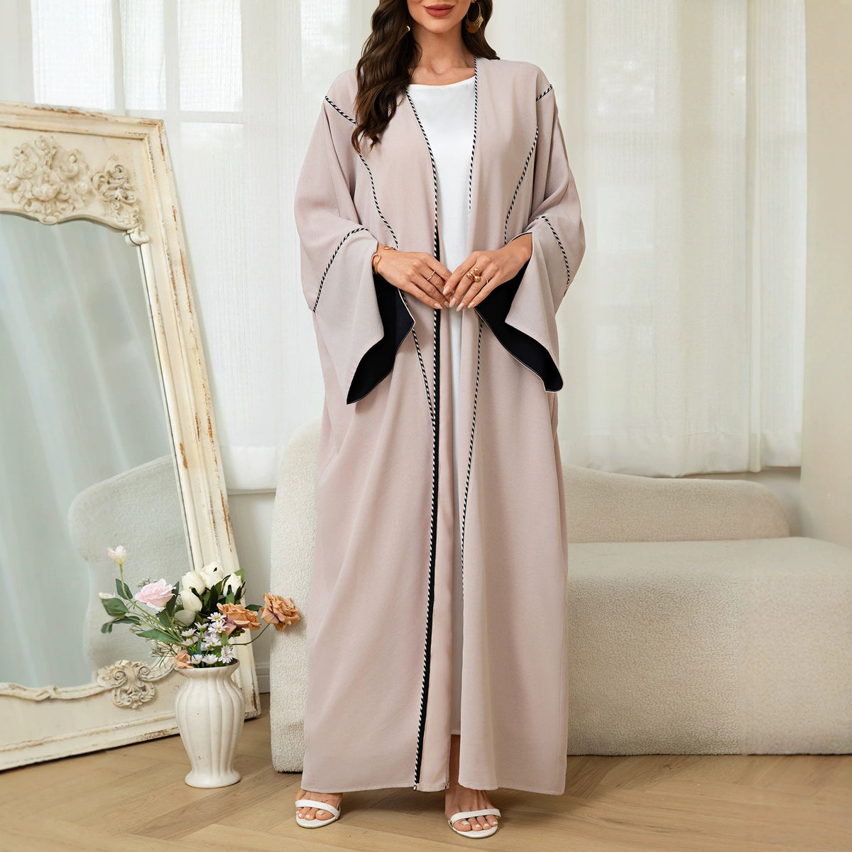 Apricot Open Front Slit Sleeve Cardigan Long Robe with Belt One Size Modest Maxi Dress Muslim Abaya