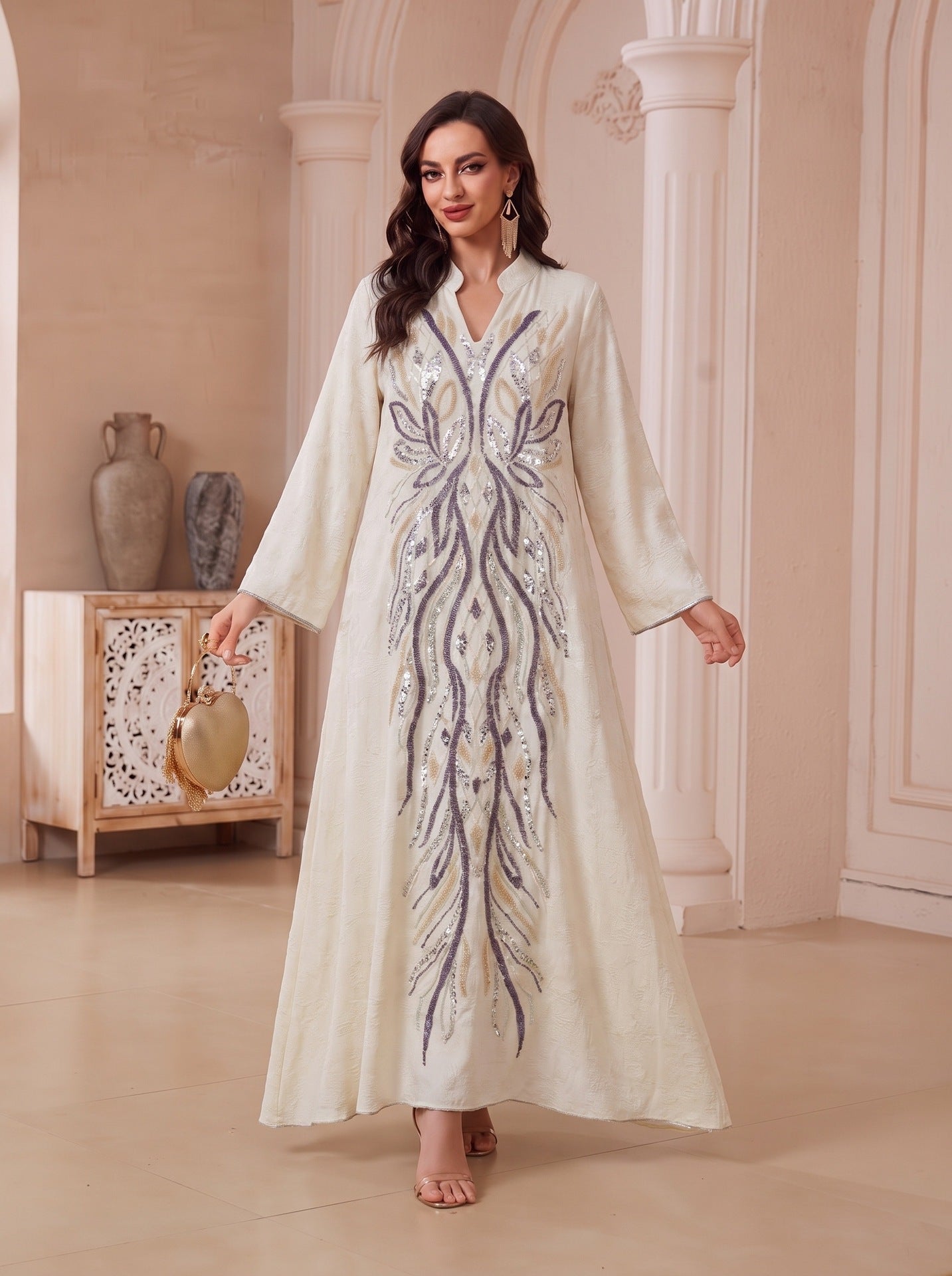 Multi-Color V-Neck Beaded Embroidered Jacquard Maxi Abaya Dress