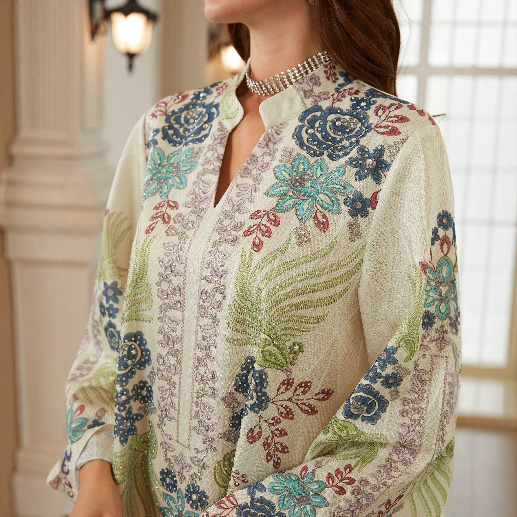 Off White Textured Fabric Stand Split V Neck Abaya Colorful Floral Leaf Embroidery Long Flare Sleeve Loose Full Length Muslim Women Kaftan Dress For Eid Wedding Ramadan