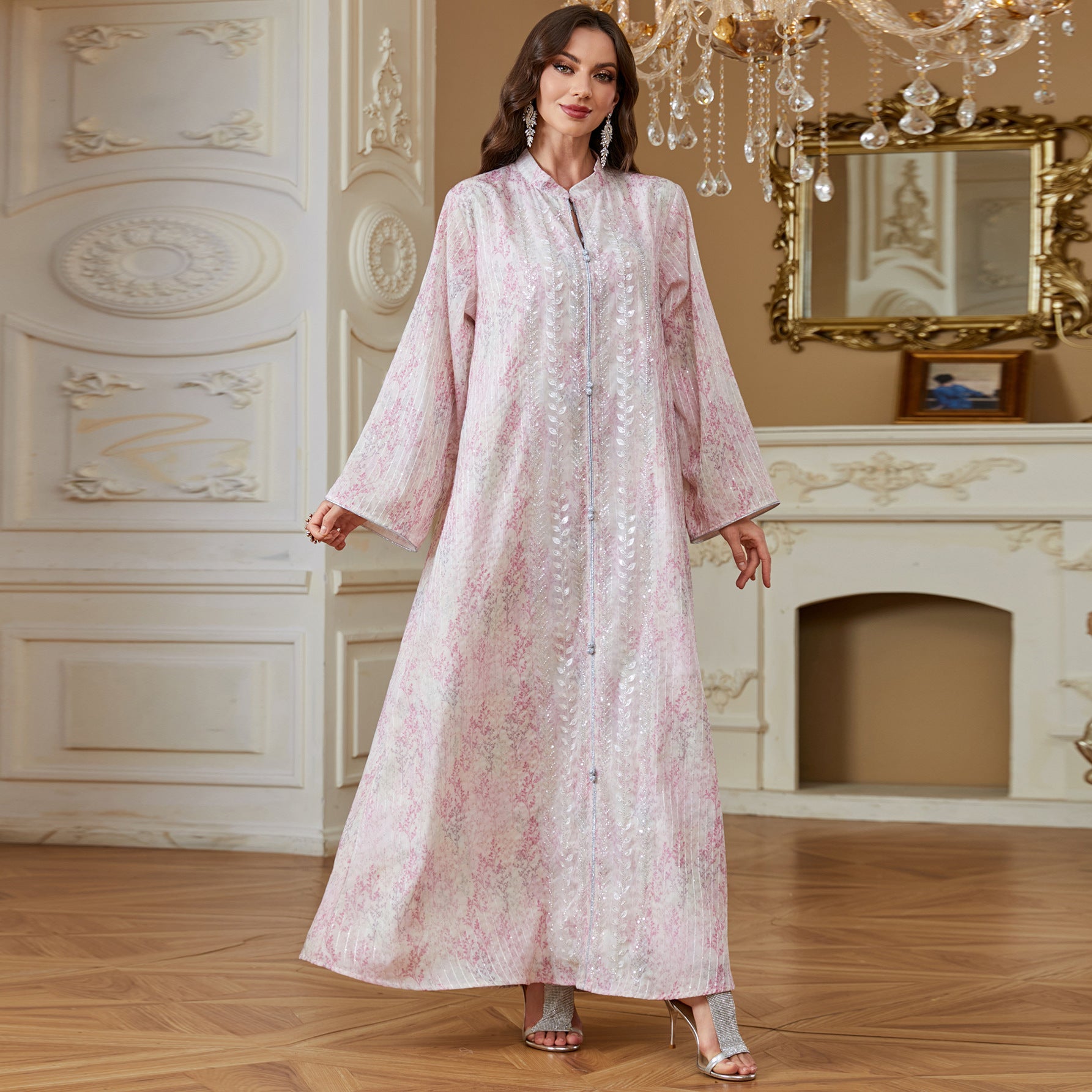 Women Stand Collar Zip Front Abaya Watercolor Gradient Print Sequined Long Kaftan Dress 2 Colors Light Shimmer Fabric For Ramadan Banquet Wedding