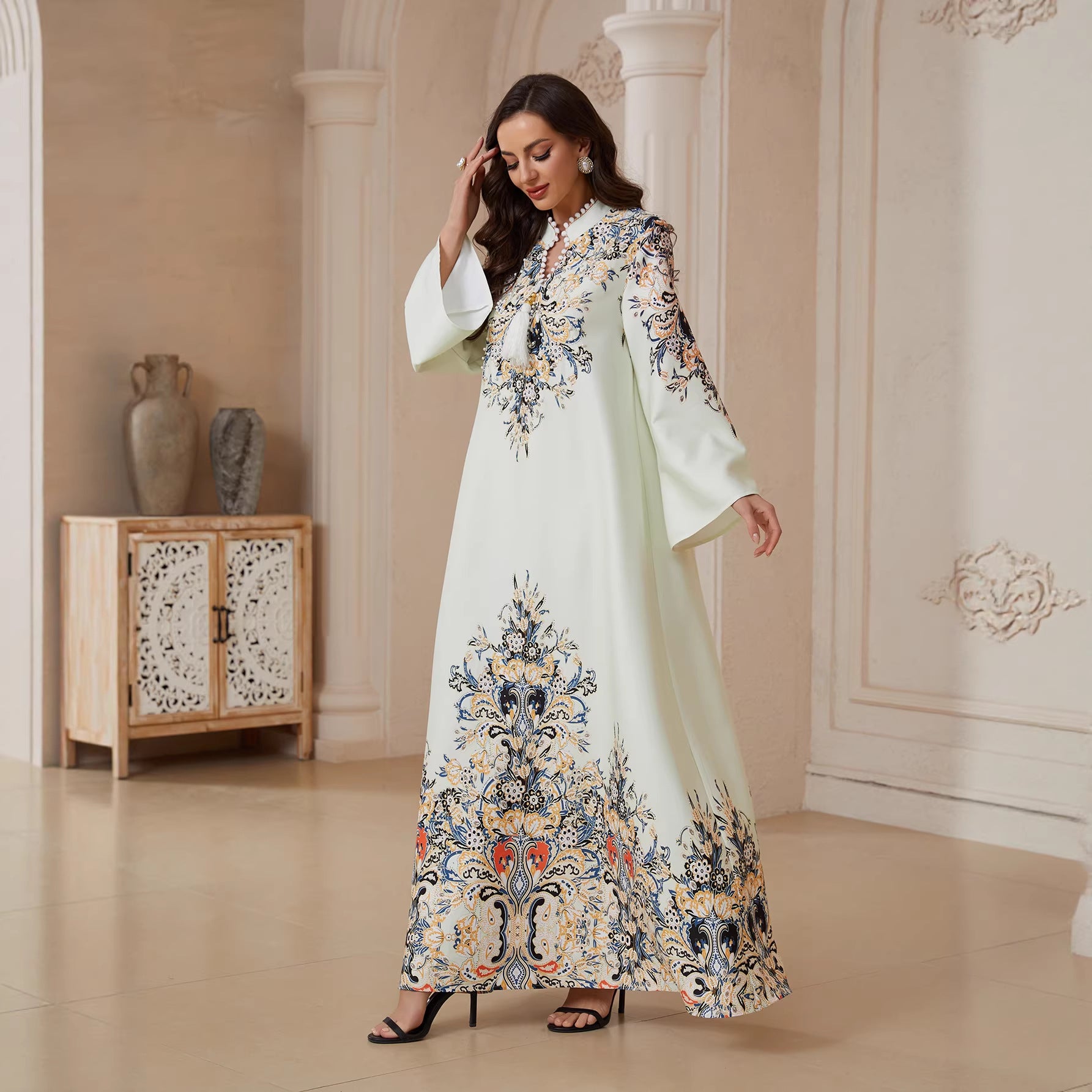 Modest Light Yellow Tassel A-Line Kaftan Maxi Abaya Eid Ramadan