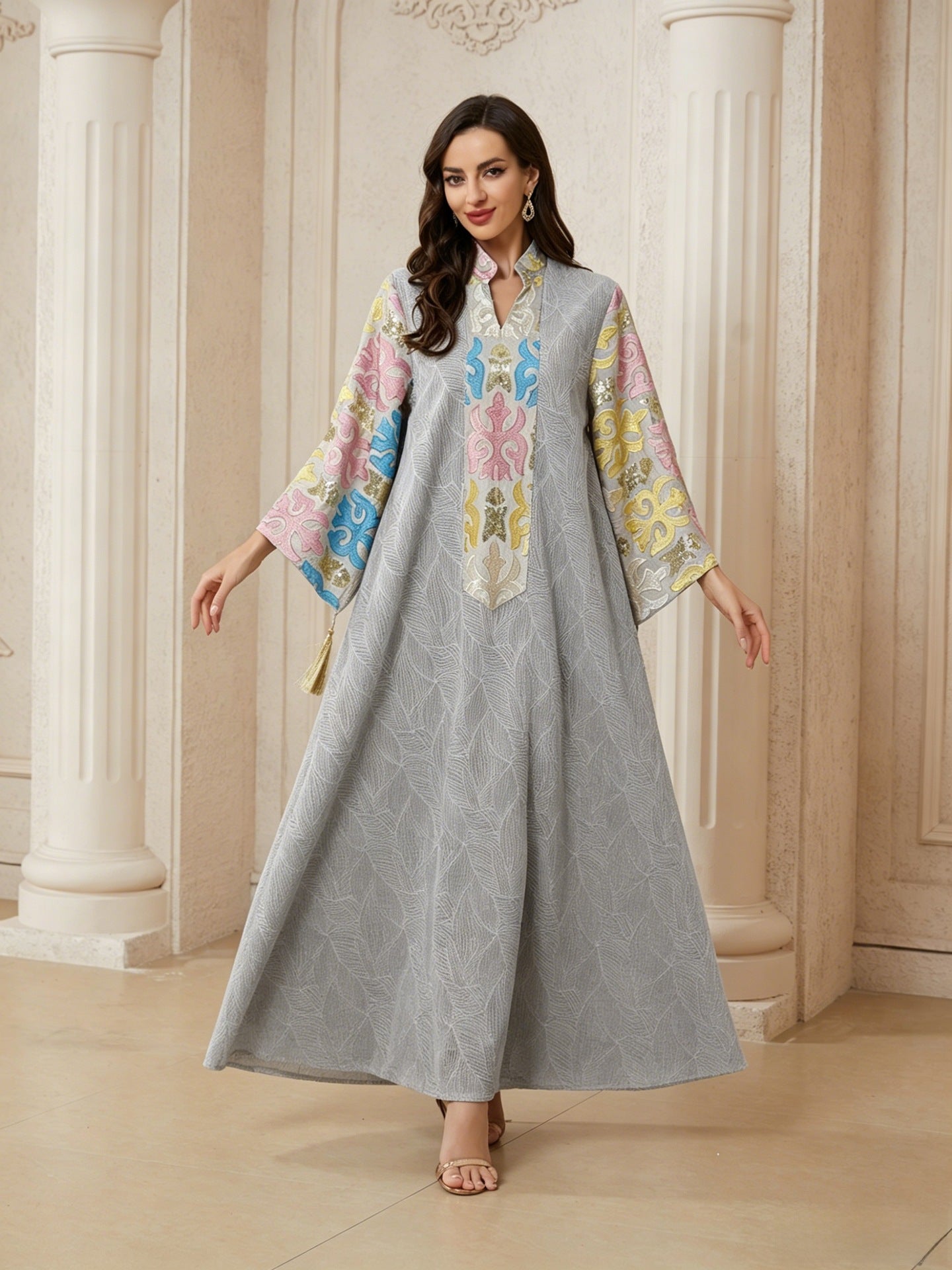 Elegant Multicolor Embroidered Tassel Abaya Women Grey Ivory Leaf Textured V Stand Collar Flared Sleeve Loose Maxi Kaftan Popular Middle East Modest Outfit
