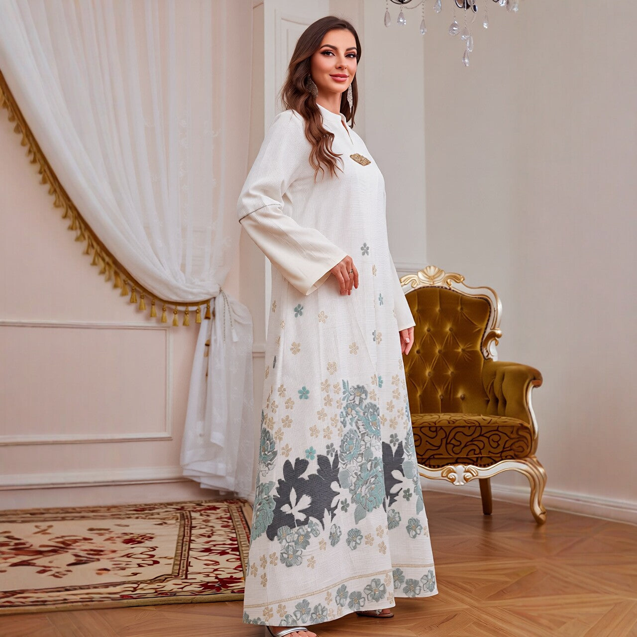 Emerald Blue V-Neck Rhinestone Embellished Modest Maxi Abaya Dress