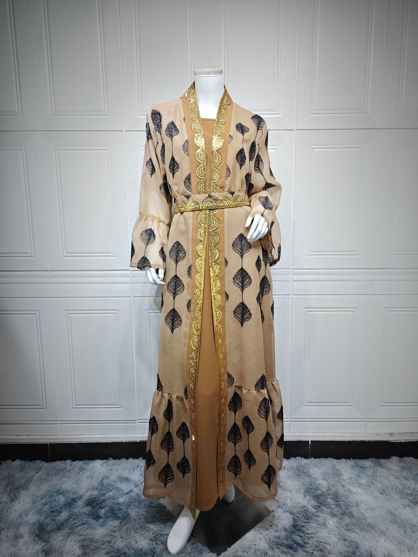 Khaki Embroidered Mesh Floral Pullover Maxi Dress Set with Vest