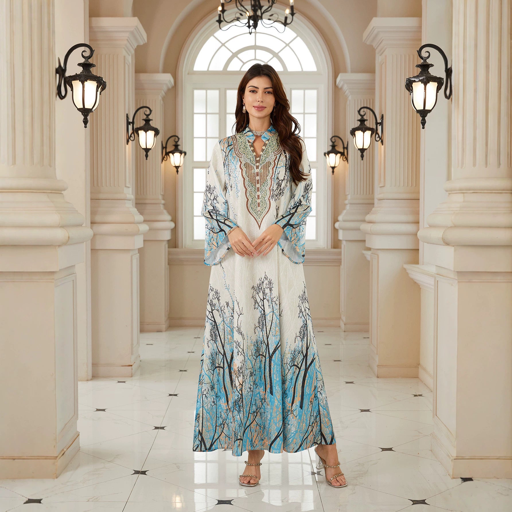 White Base Blue Tree Branch Print Stand Collar Abaya Long Flare Sleeve V Neck Decorative Embroidery Modest Muslim Women Full Length Kaftan Dress For Daily Ramadan Party
