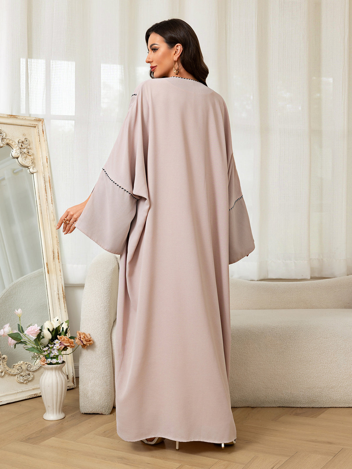 Apricot Open Front Slit Sleeve Cardigan Long Robe with Belt One Size Modest Maxi Dress Muslim Abaya