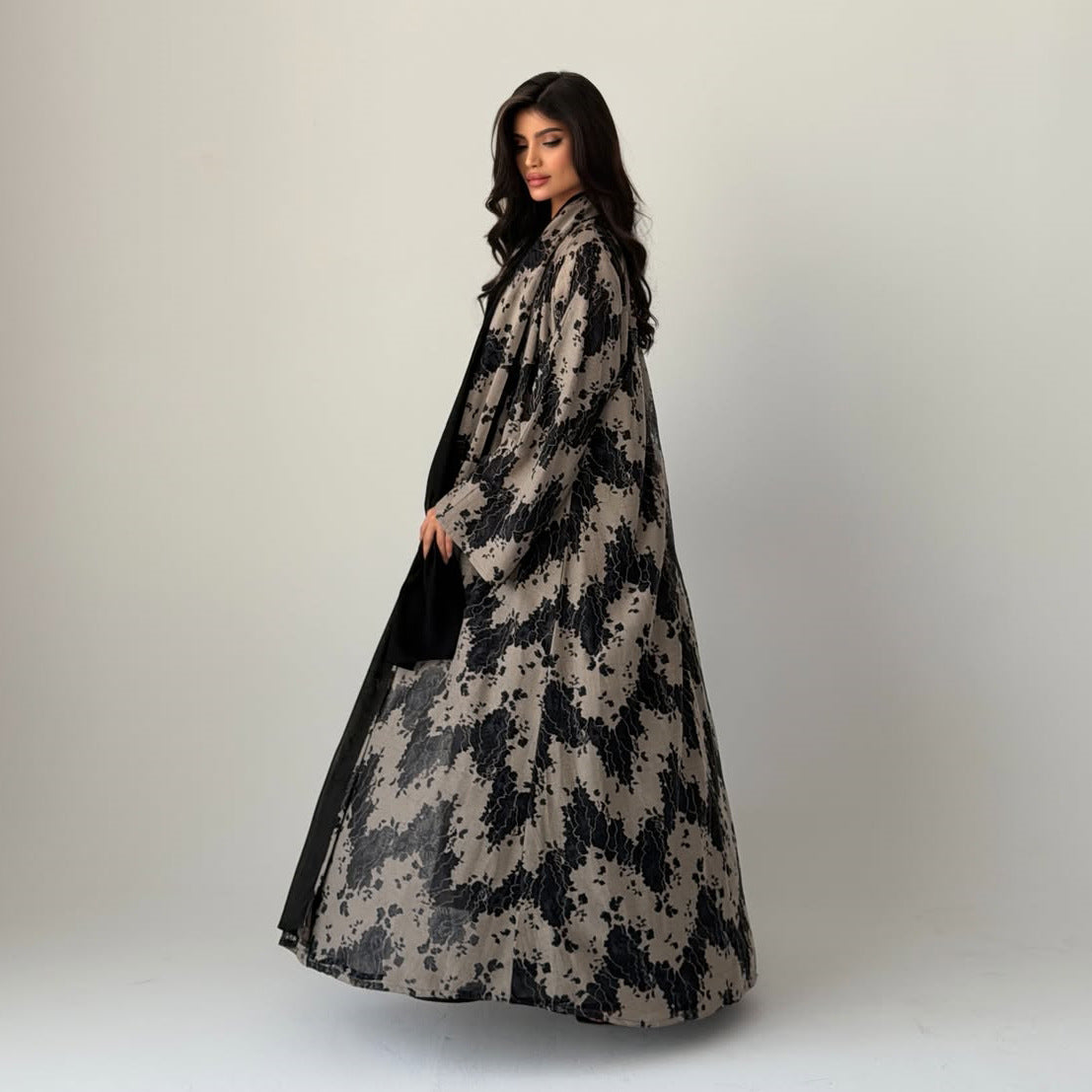 Black Lace Embellished Maxi Abaya with Hijab Two-Piece Set - Plus Size