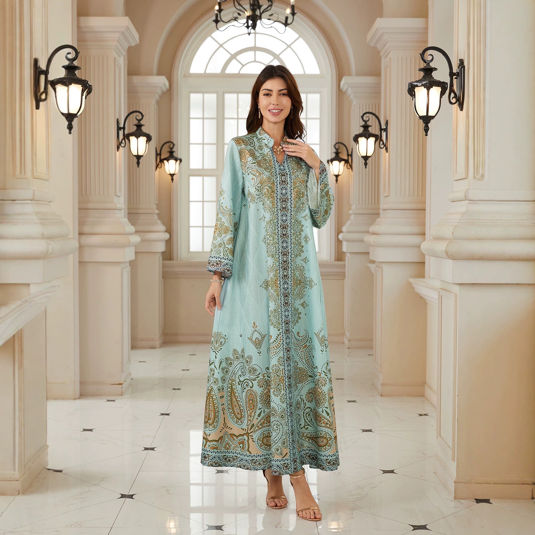 Light Cyan Paisley Print Stand Split V Neck Abaya Full Long Flare Sleeve Loose Modest Muslim Women Kaftan Dress For Ramadan Wedding Eid Party