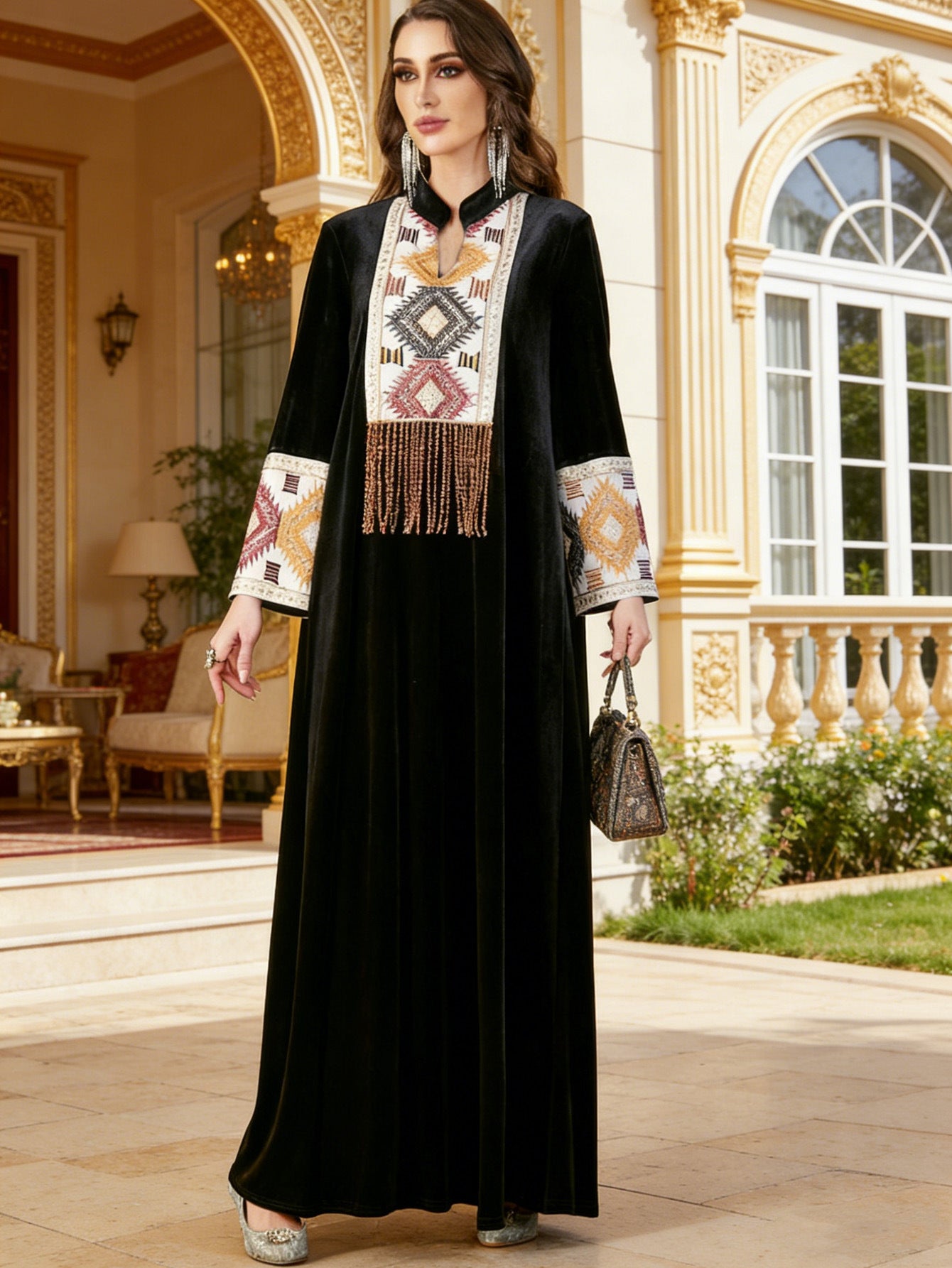 V-Neck Velvet Heavy Embroidered Maxi Dress Muslim Women Jalabiya Modest Long Gown Abaya Kaftan for Eid Ramadan Wedding