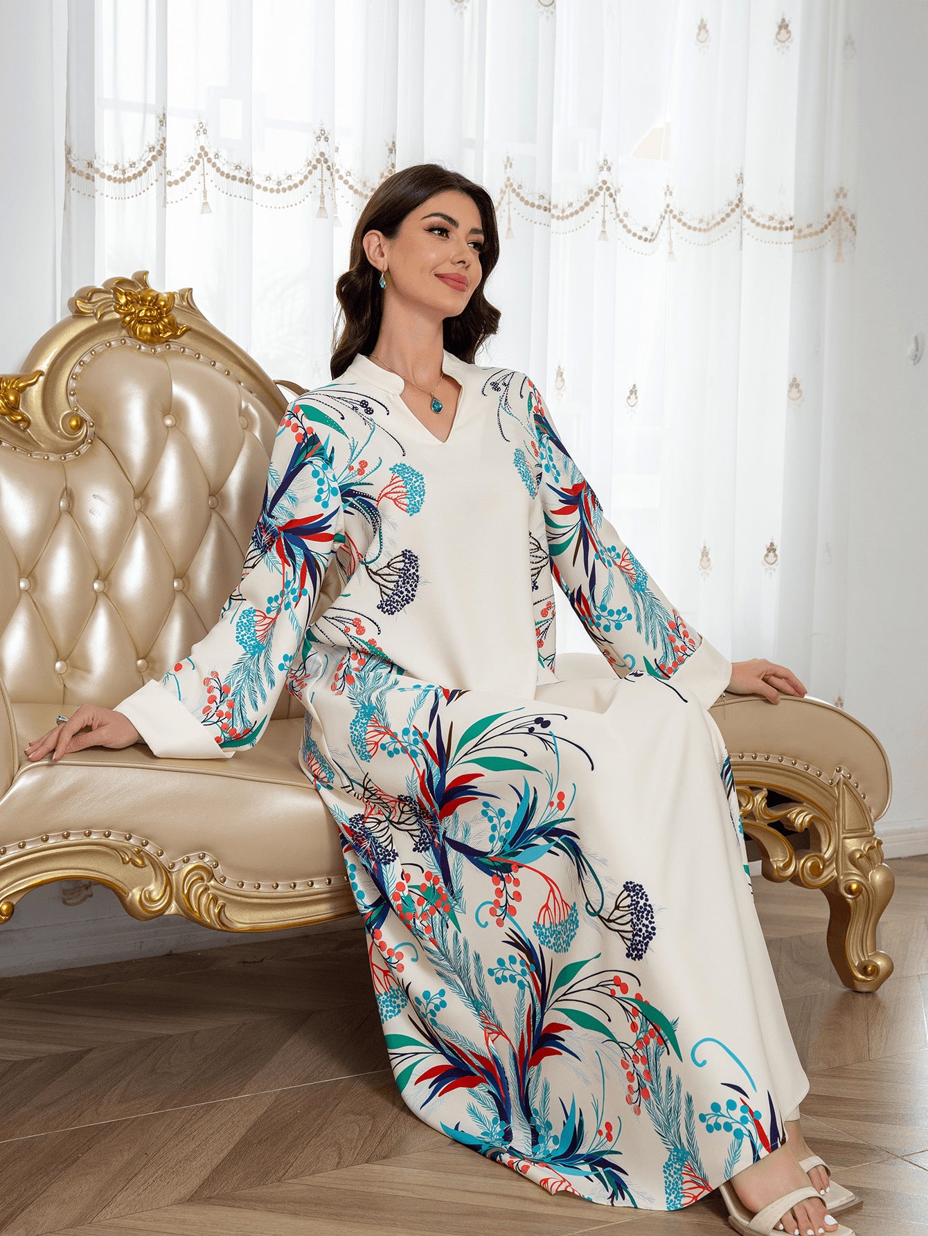Refined Apricot Floral Print Kaftan – Bohemian Muslim Maxi Dress