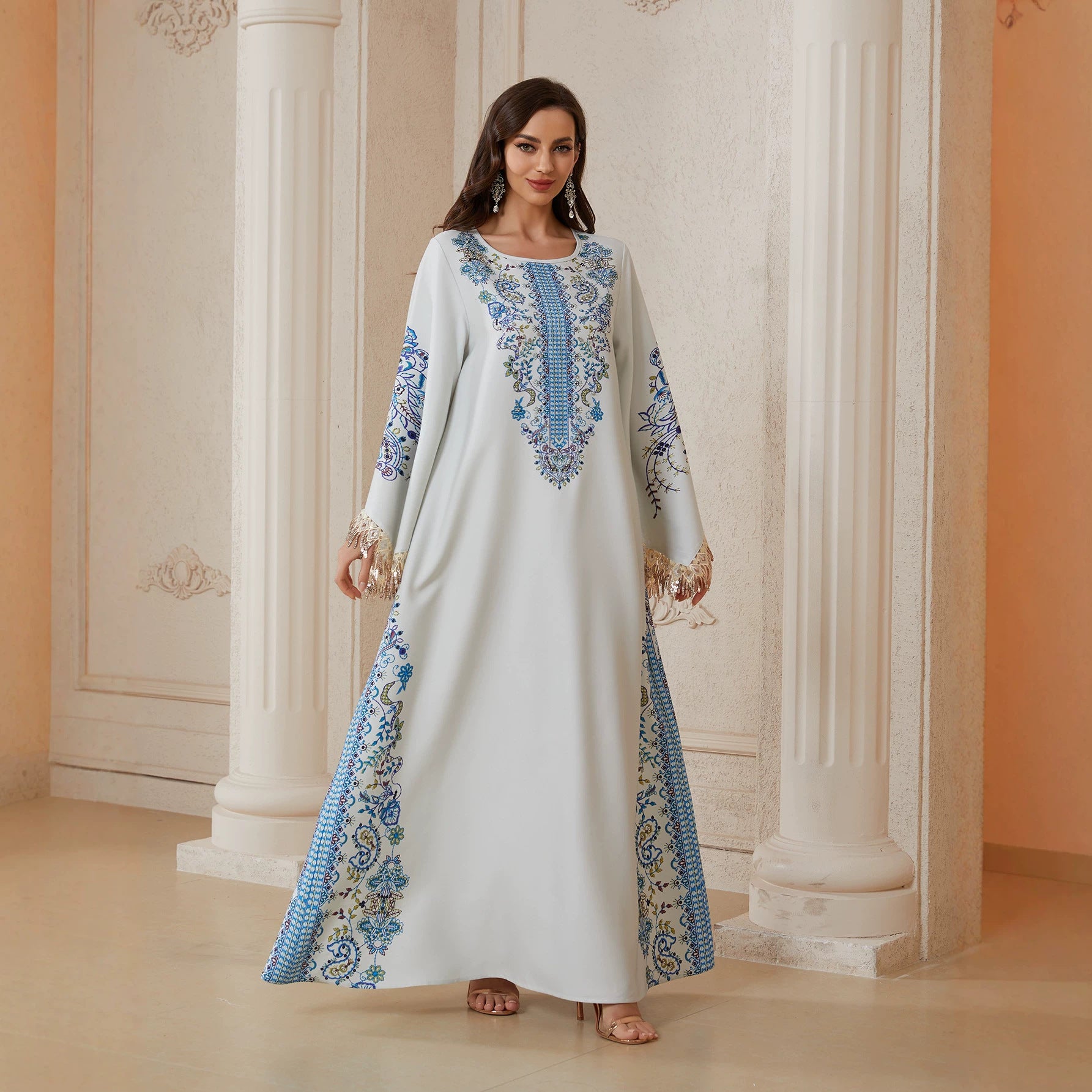 Women Stand Collar V Notch All-Around Floral Print Abaya Gold Sequin Fringe Wide Flare Sleeve Maxi Jalabiya Pastel Mint Silky Modest Gown For Eid Mubarak Ramadan Wedding Evening Party