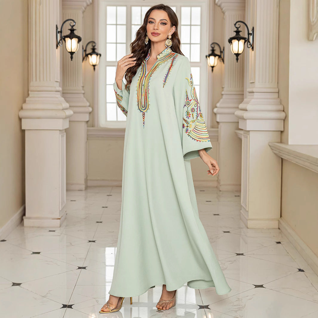Dubai Islamic Modest Abaya Light Green V Neck Vibrant Multicolor Embroidery Wide Bell Sleeve Oversized Kaftan Gown For Muslim Ladies Holiday Party
