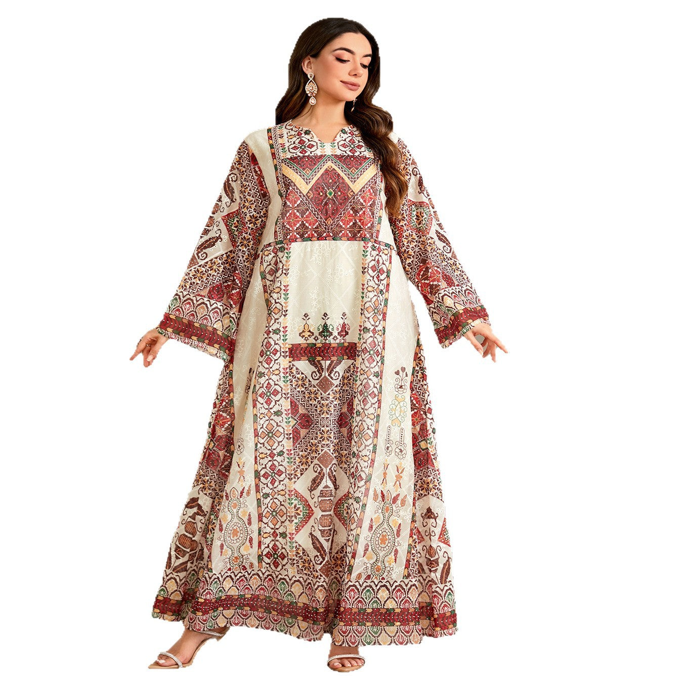 Vintage Ethnic Print Rhinestone Embellished Gown Jalabiya Modest Loose Long Maxi Dress for Muslim Women Eid Ramadan S-XXL