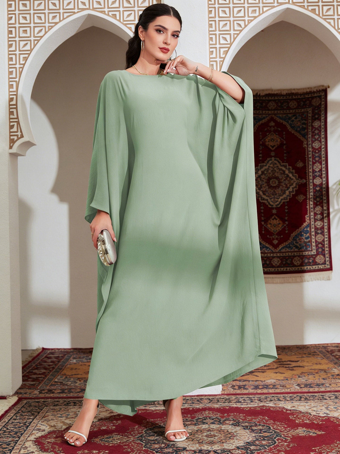 Embroidered Batwing Sleeve Tie-Waist Kaftan Dress Jalabiya Modest Long Maxi Dress for Muslim Women Eid Ramadan Daily Wear S-XXL