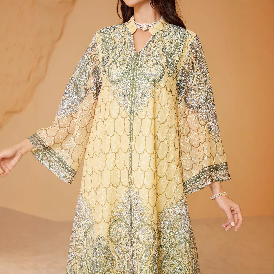 Exquisite Yellow Rhinestone Beaded Kaftan Abaya Maxi Eid Ramadan