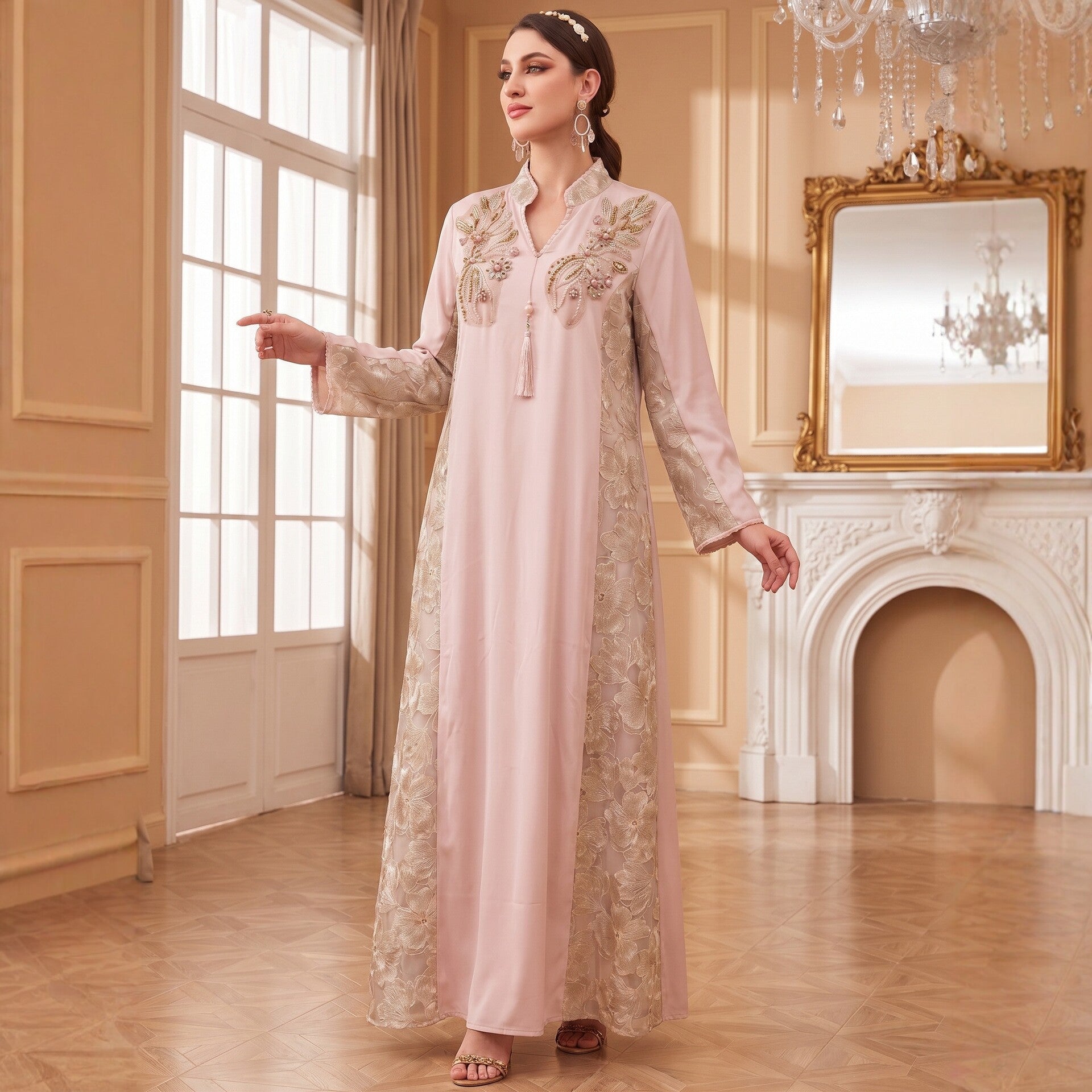 Ivory Pink Light Blue V-Neck Beaded Embroidered Evening Maxi Abaya