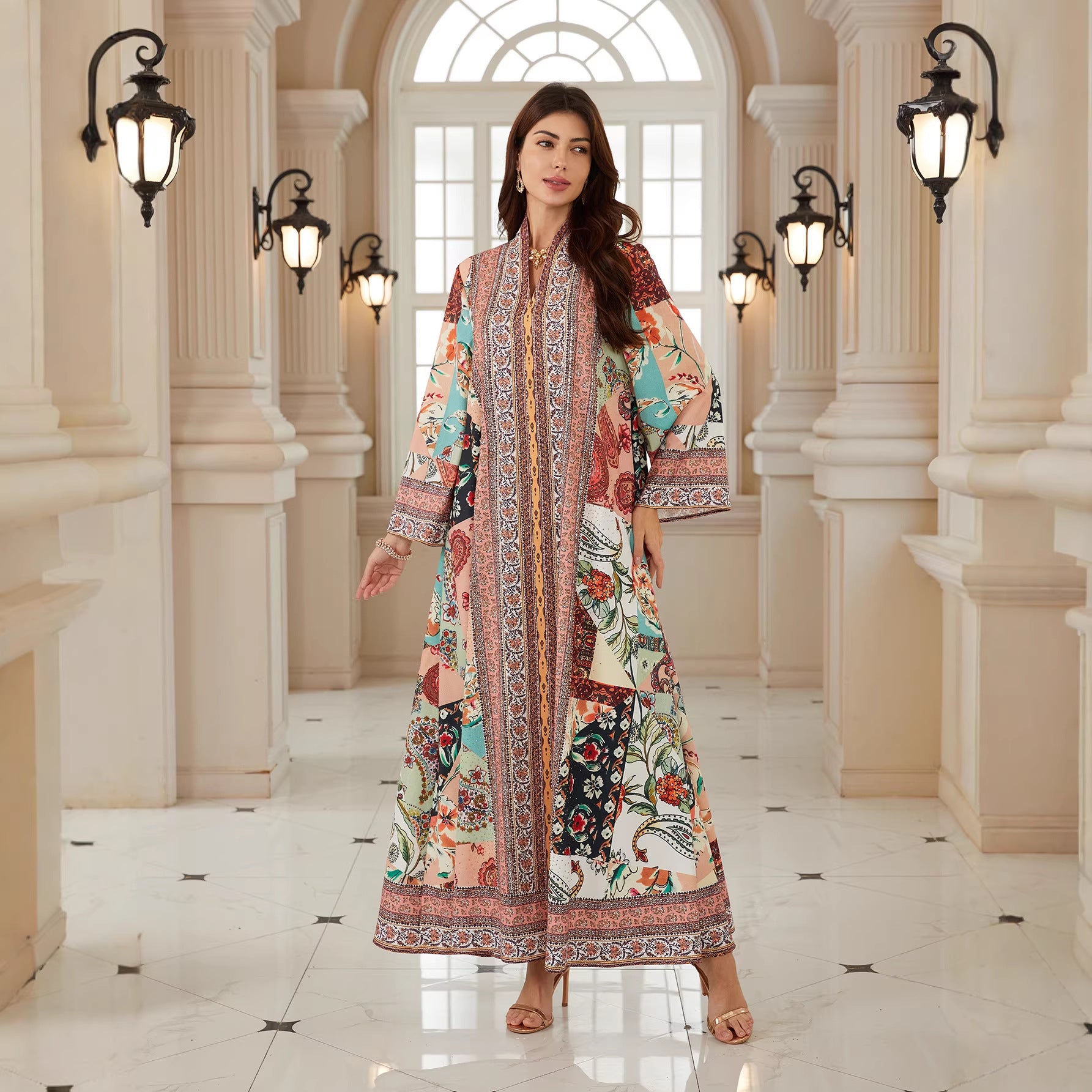 Boho Floral Jalabiya – Loose V-Neck Modest Maxi Dress