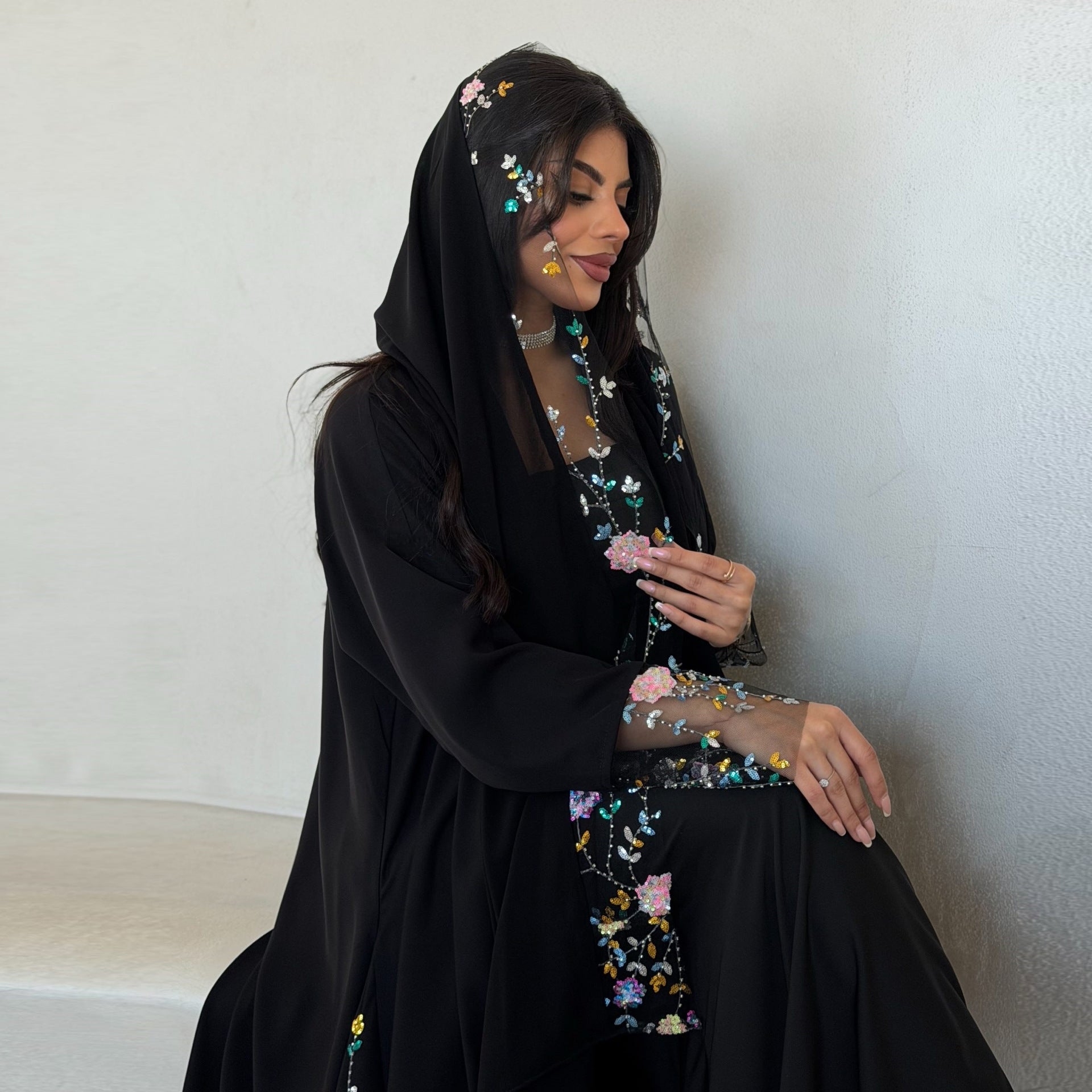 Black Floral Print Open Outerwear Long Maxi Abaya with Hijab Set