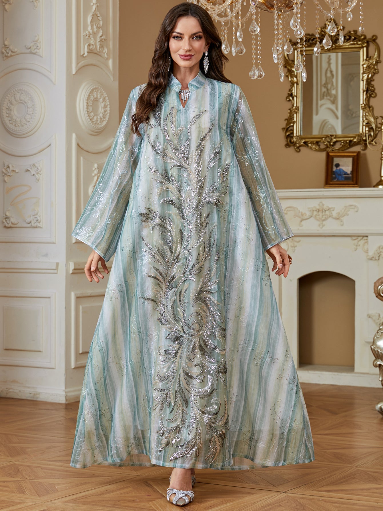Women Stand Collar V Notch Sequin Embroidery Abaya Gradient Vertical Stripe Print Loose Wide Sleeve Maxi Kaftan Lightweight Formal Modest Dress For Ramadan Wedding Party