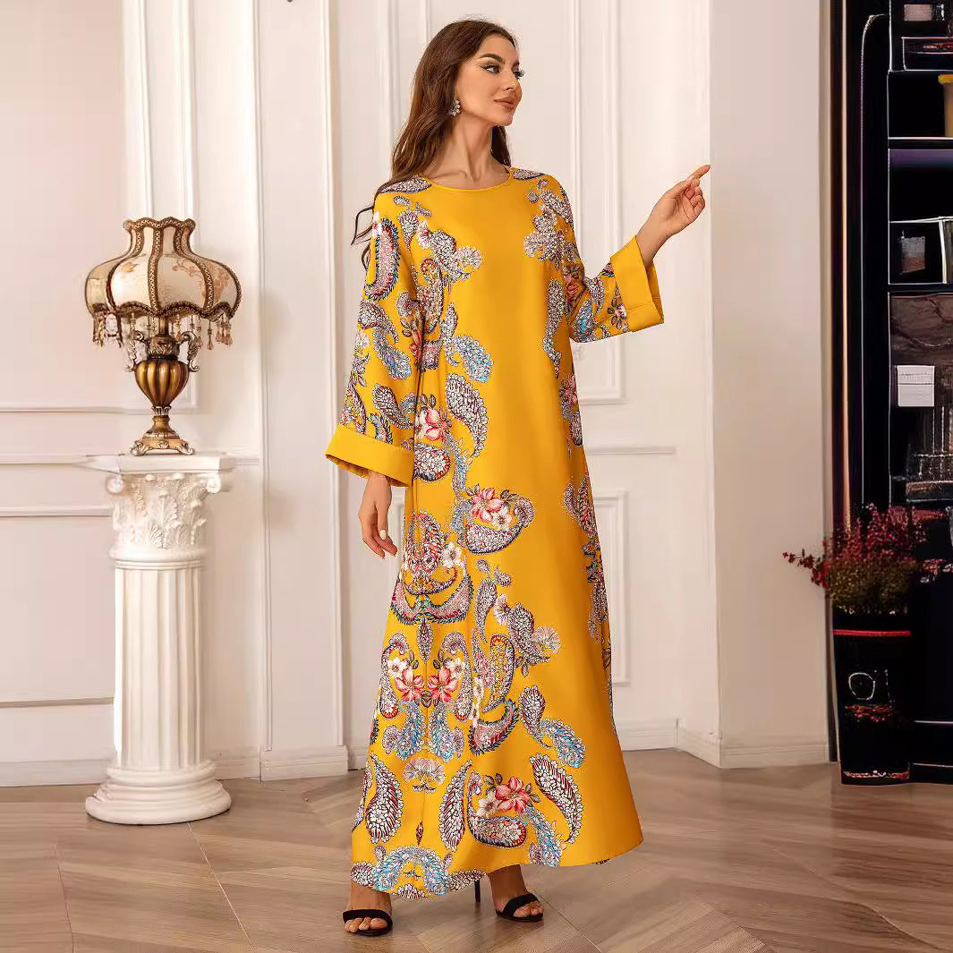 Yellow Floral Print Long Abaya - Plus Size Beaded African Robe