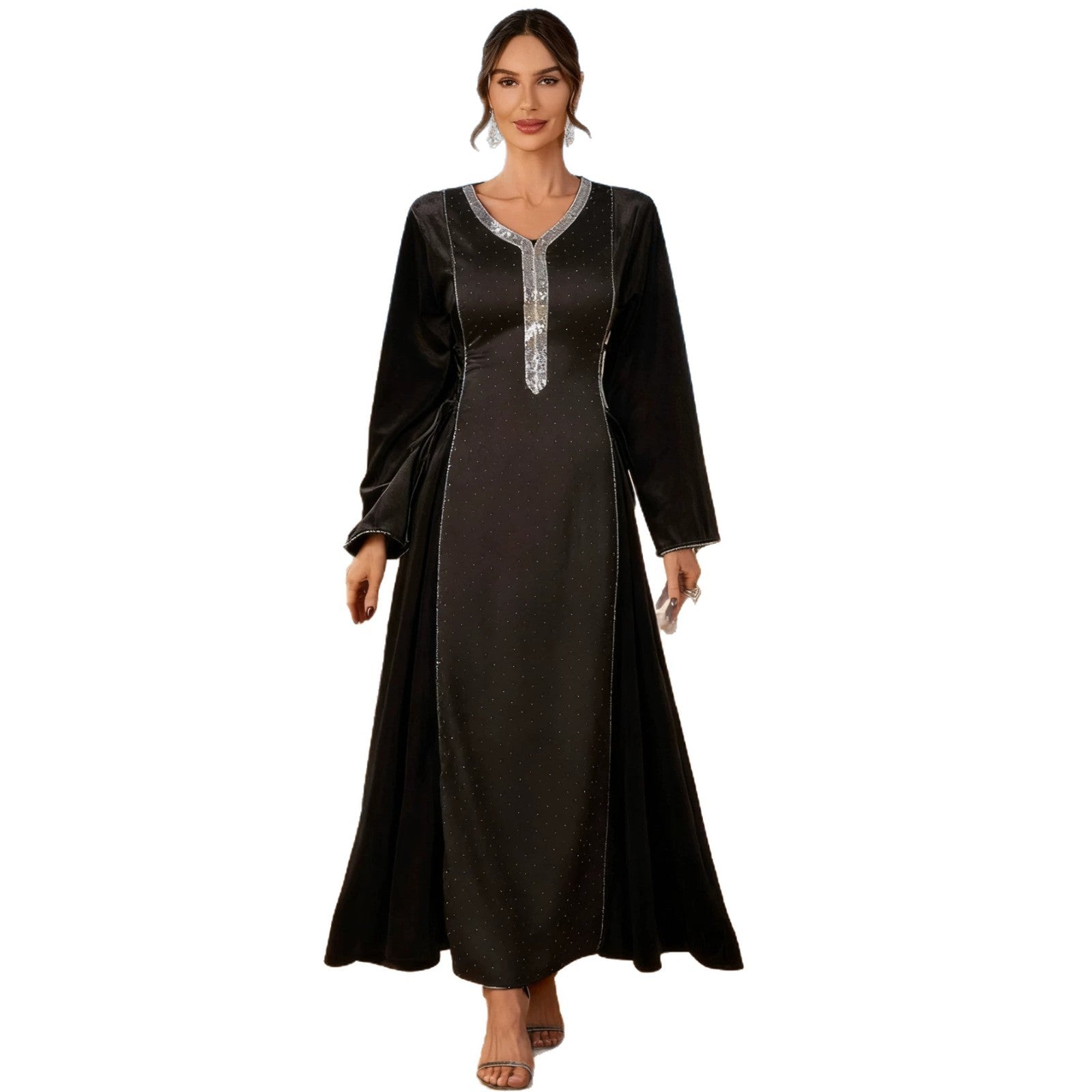 Dark Brown Wine Red and Black Rhinestone Pullover Maxi Abaya Dress Jalabiya Modest Long Dress for Eid Ramadan Evening Party Gown S-XXL